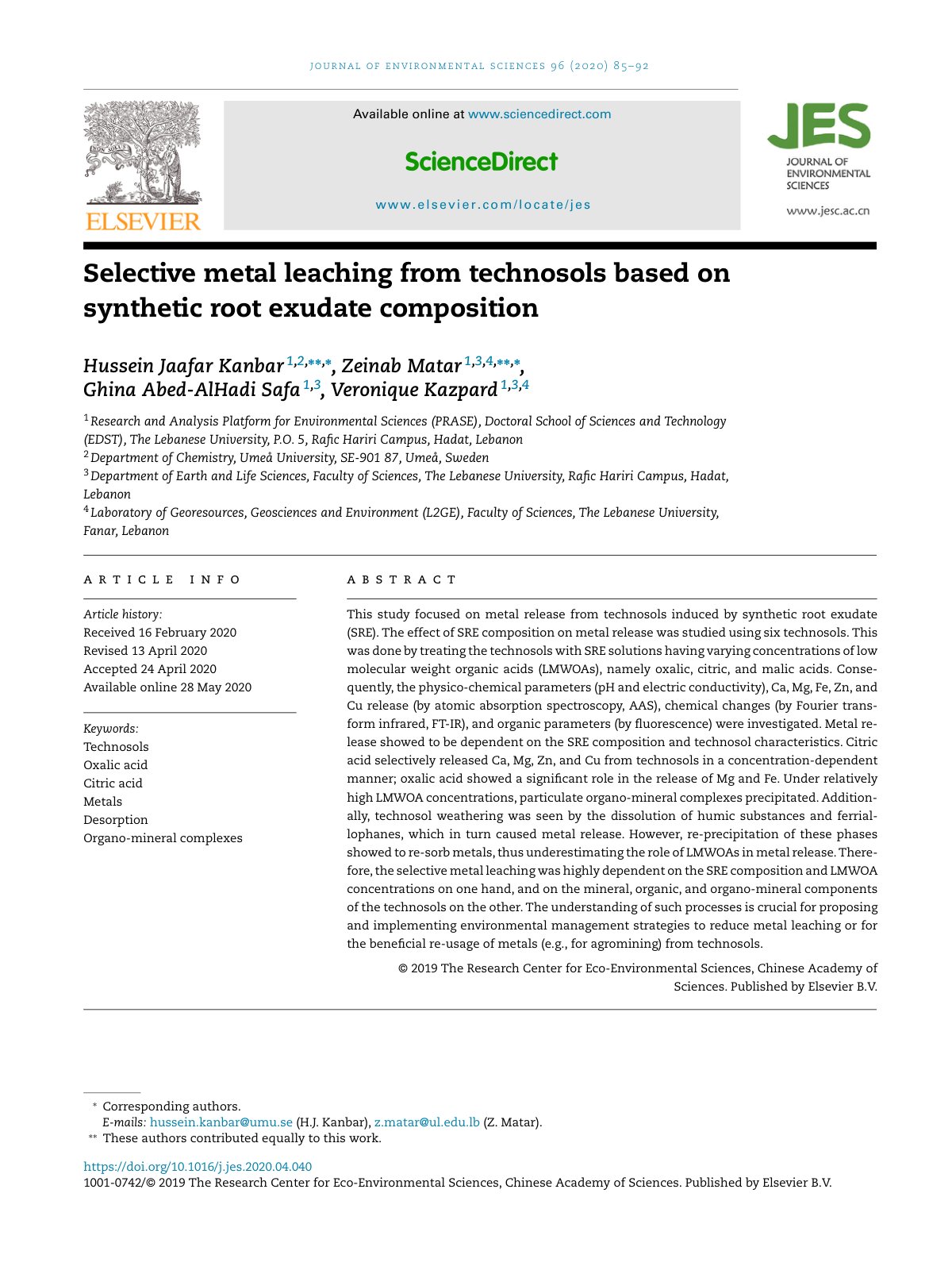 First page of Selective metal leaching from technosols
