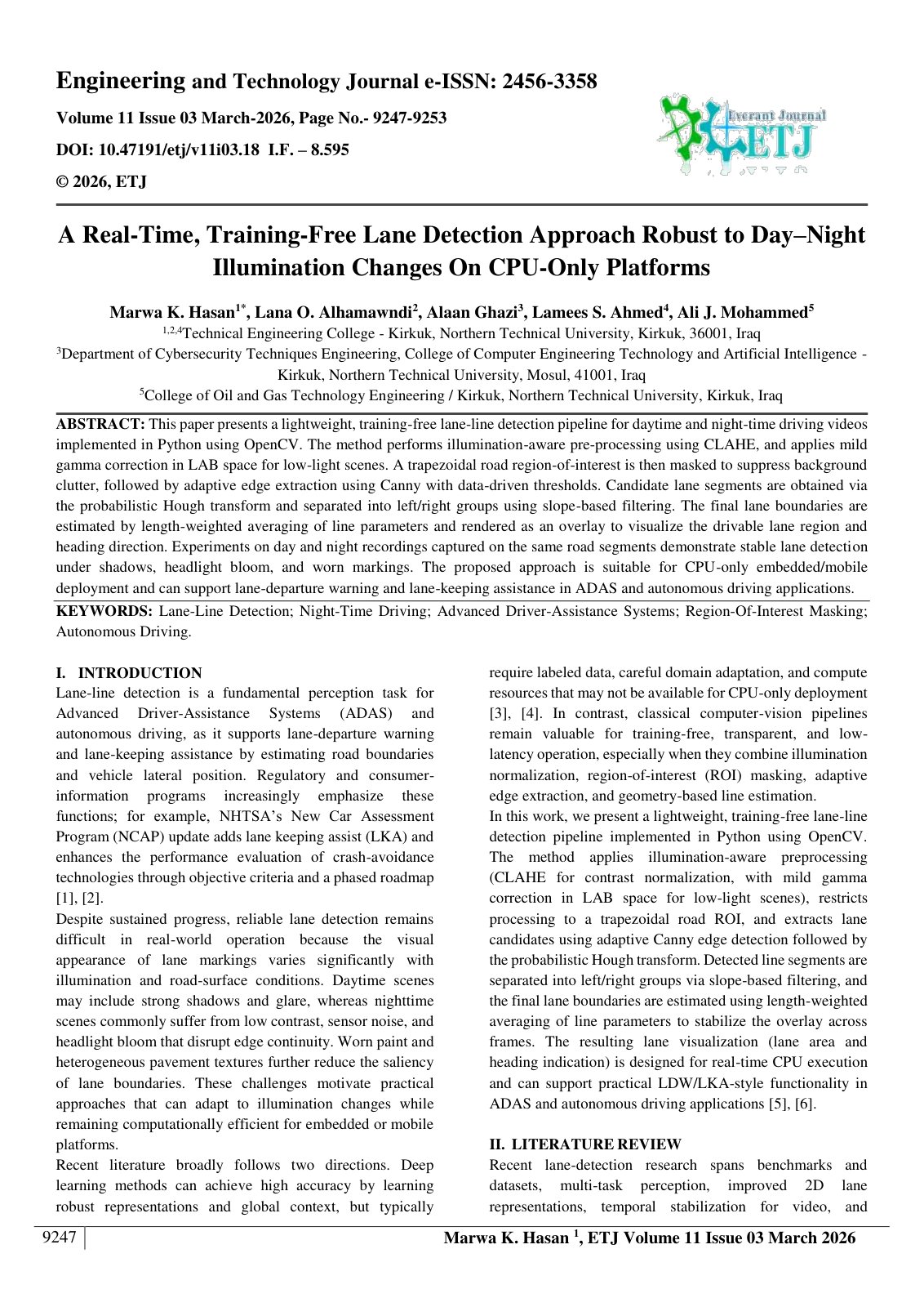 First page of A Real-Time, Training-Free Lane Detection Approach Robust to Day–Night  Illumination Changes On CPU-Only Platforms 