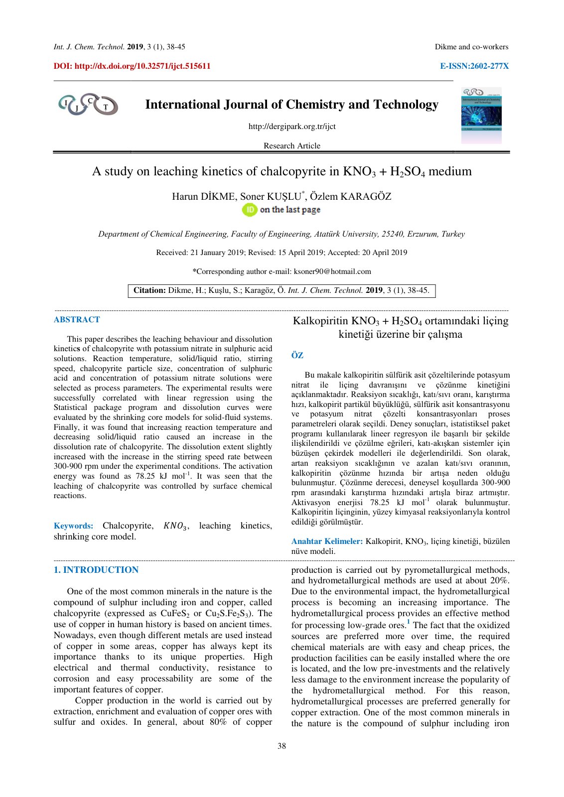 First page of A study on leaching kinetics of chalcopy