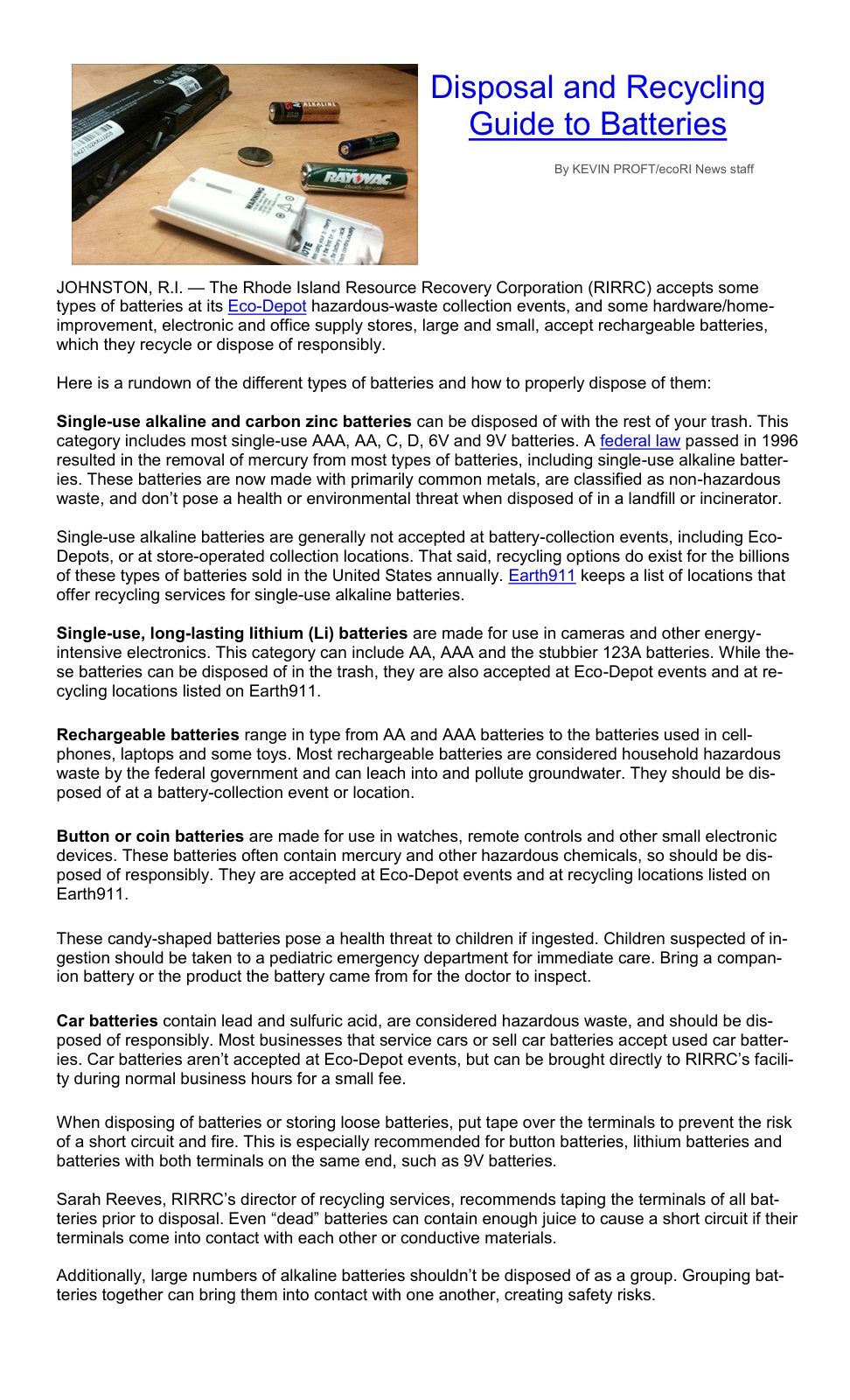 First page of battery recycling   eco ri