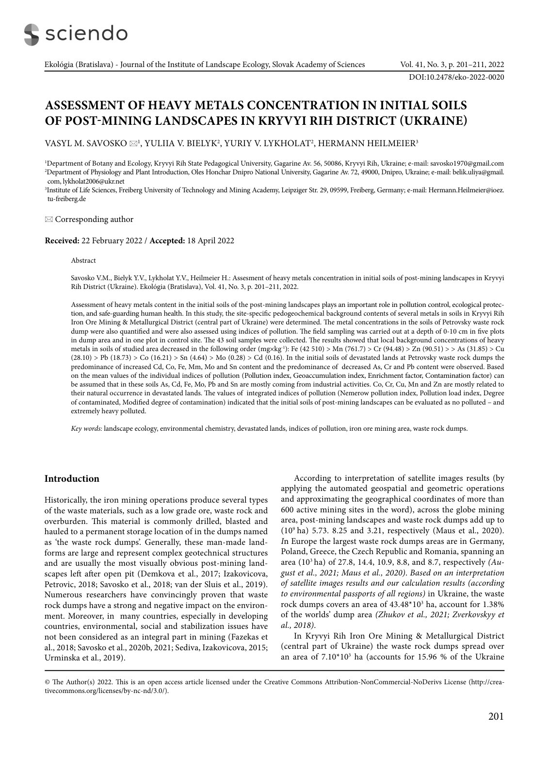 First page of ASSESSMENT OF HEAVY METALS CONCENTRATION IN INITIAL SOILS OF POST-MINING LANDSCAPES IN KRYVYI RIH DISTRICT (UKRAINE)
