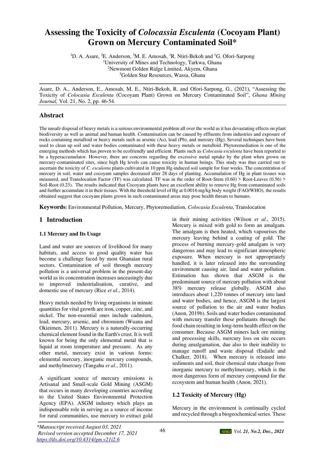 First page of Assessing the Toxicity of Colocassia Esculenta (Cocoyam Plant) Grown on Mercury Contaminated Soil