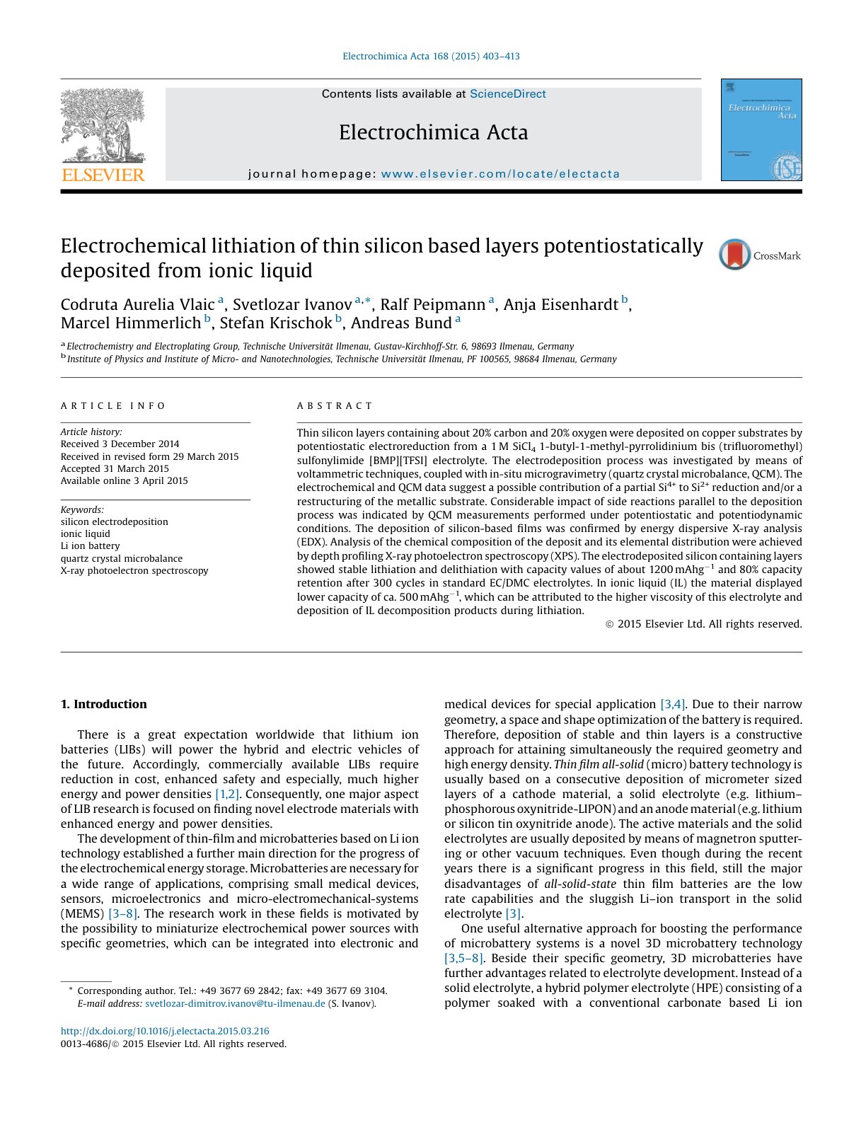 First page of Electrochemical lithiation of thin silic