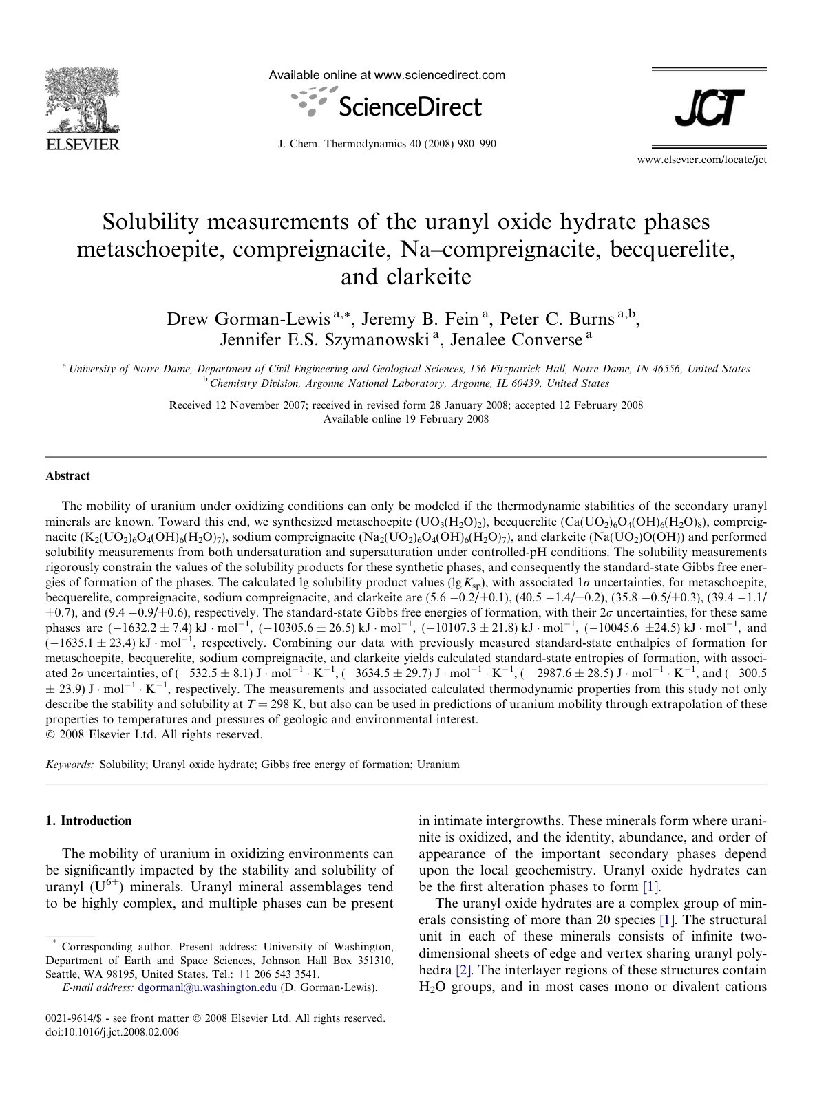 First page of Solubility measurements of the uranyl oxide hydrate phases metaschoepite, compreignacite, Na–compreignacite, becquerelite, and clarkeite