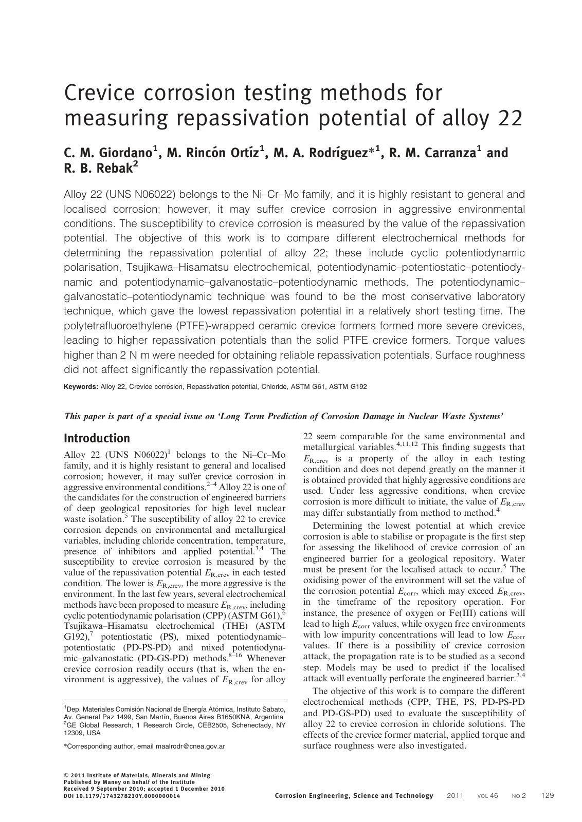 First page of Crevice corrosion testing methods for measuring repassivation potential of alloy 22