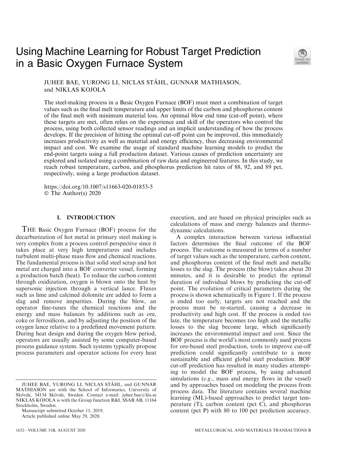 First page of Using Machine Learning for Robust Target Prediction in a Basic Oxygen Furnace System