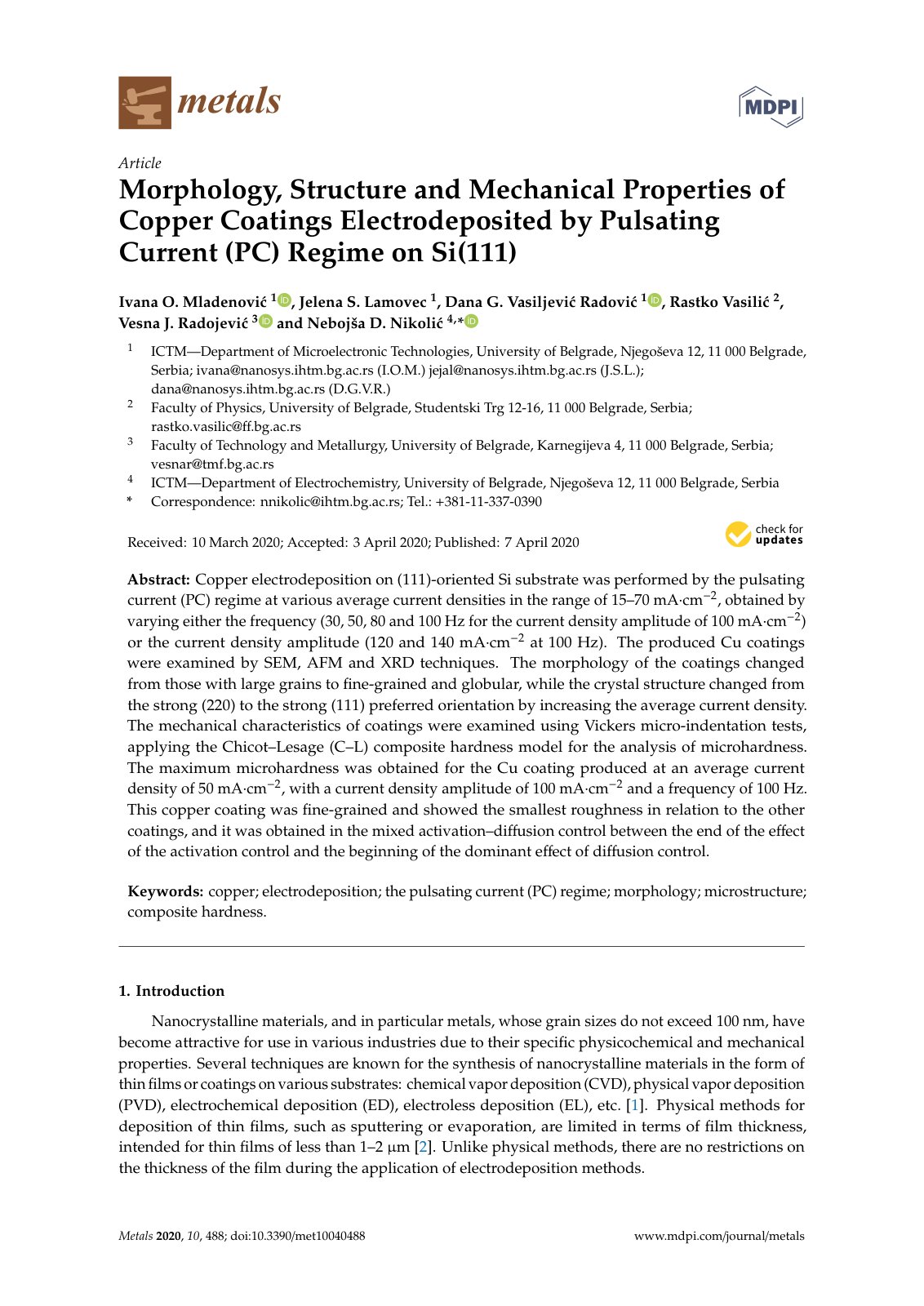 First page of Morphology , Structure and Mechanical Properties of Copper Coatings Electrodeposited by Pulsating Current (PC) Regime on Si(111)