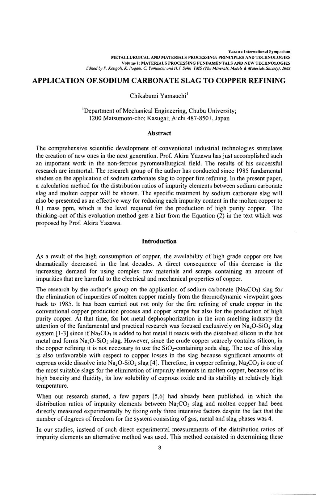 First page of Application of Sodium Carbonate Slag to Copper Refining