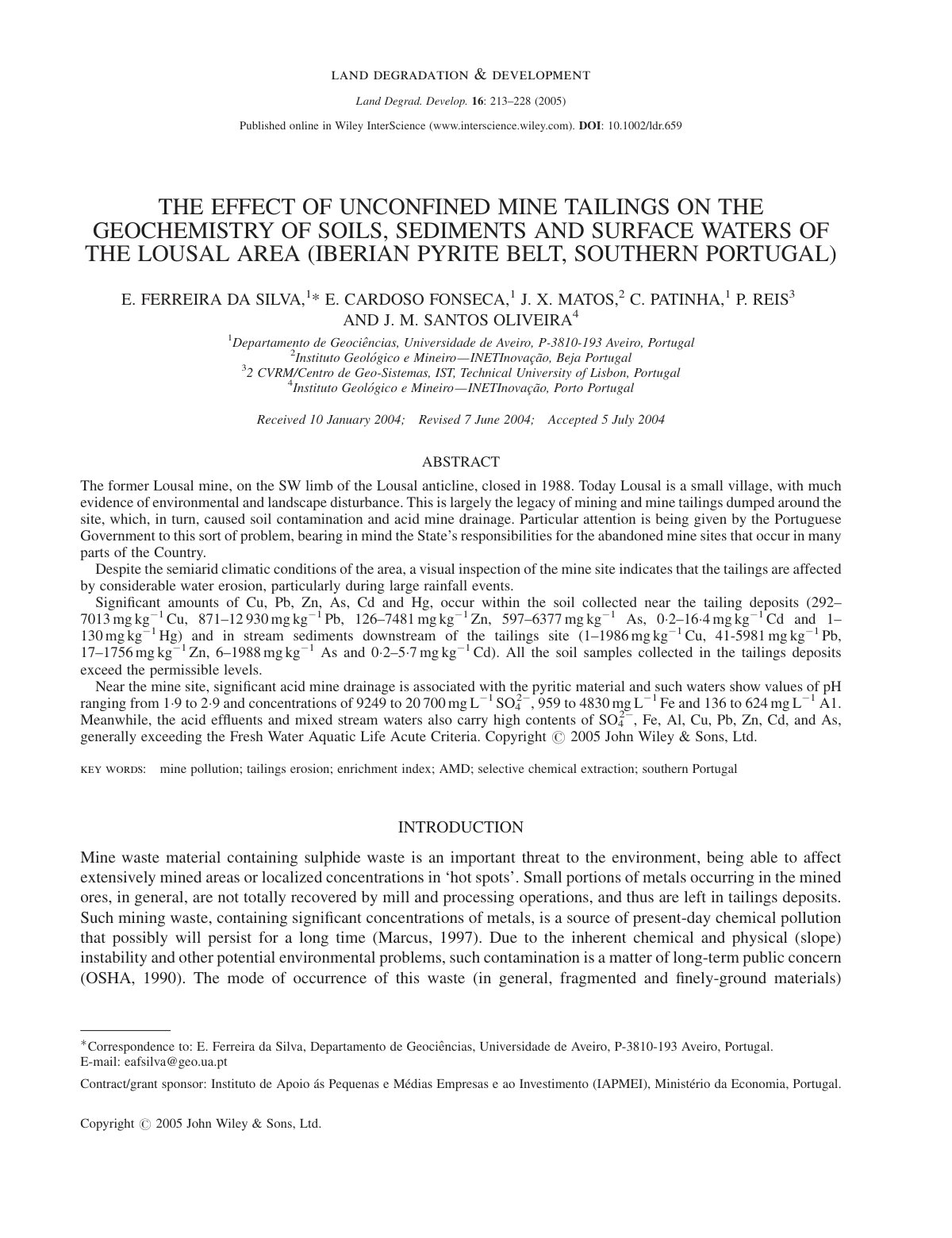 First page of THE EFFECT OF UNCONFINED MINE TAILINGS ON THE GEOCHEMISTRY OF SOILS, SEDIMENTS AND SURFACE WATERS OF THE LOUSAL AREA (IBERIAN PYRITE BELT, SOUTHERN PORTUGAL)