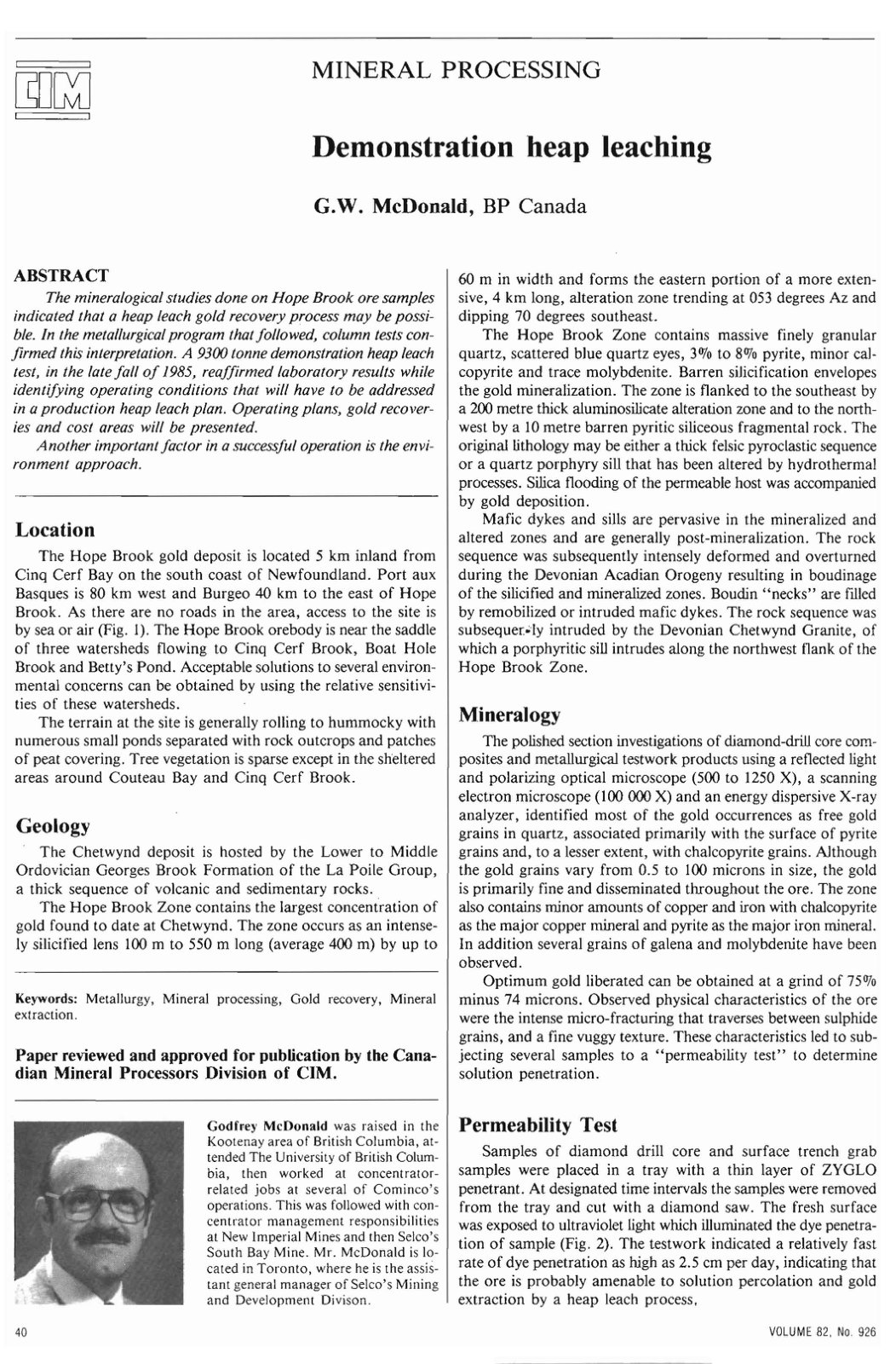 First page of MINERAL PROCESSING: Demonstration heap leaching