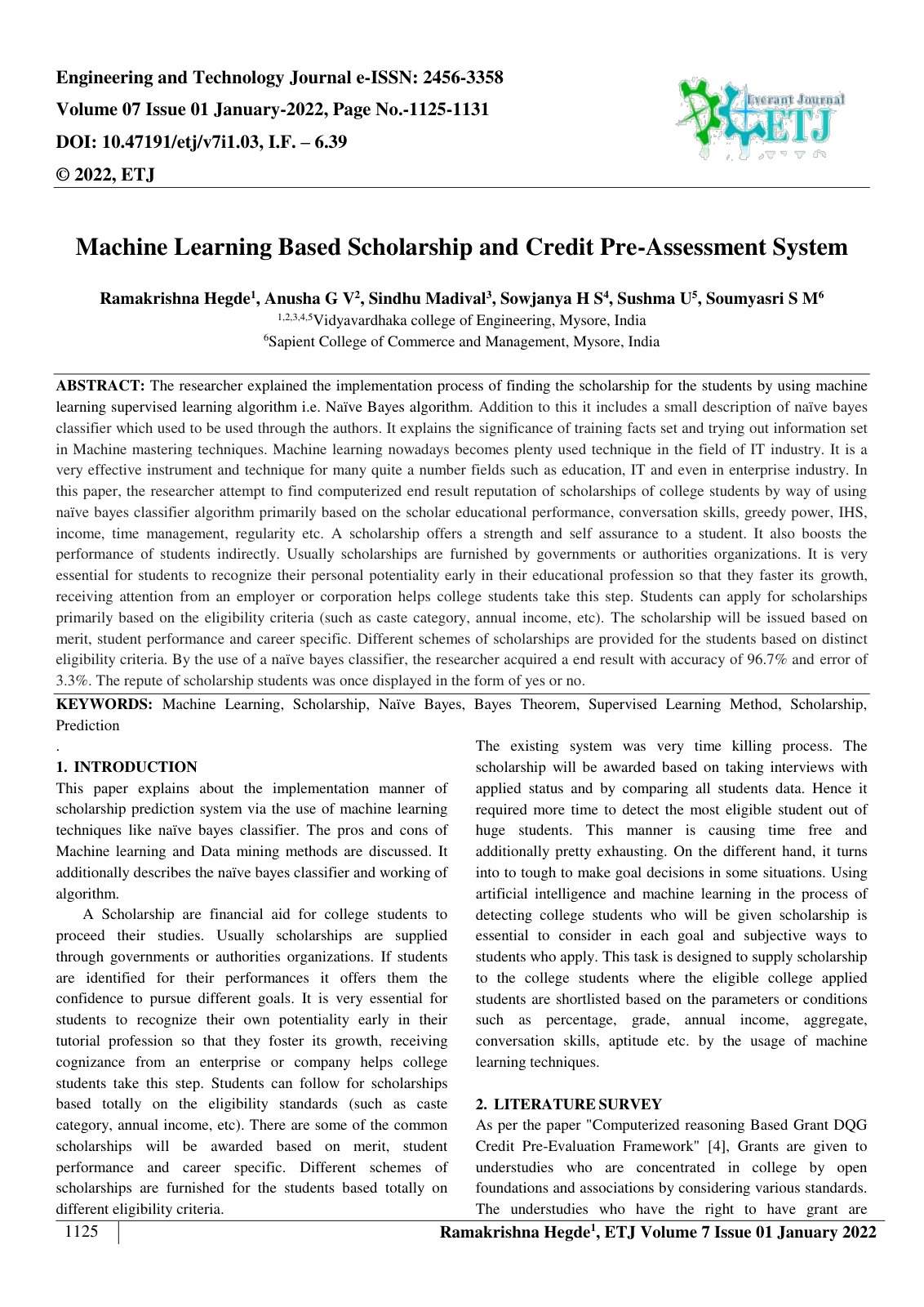 First page of Machine Learning Based Scholarship and Credit Pre Assessment System