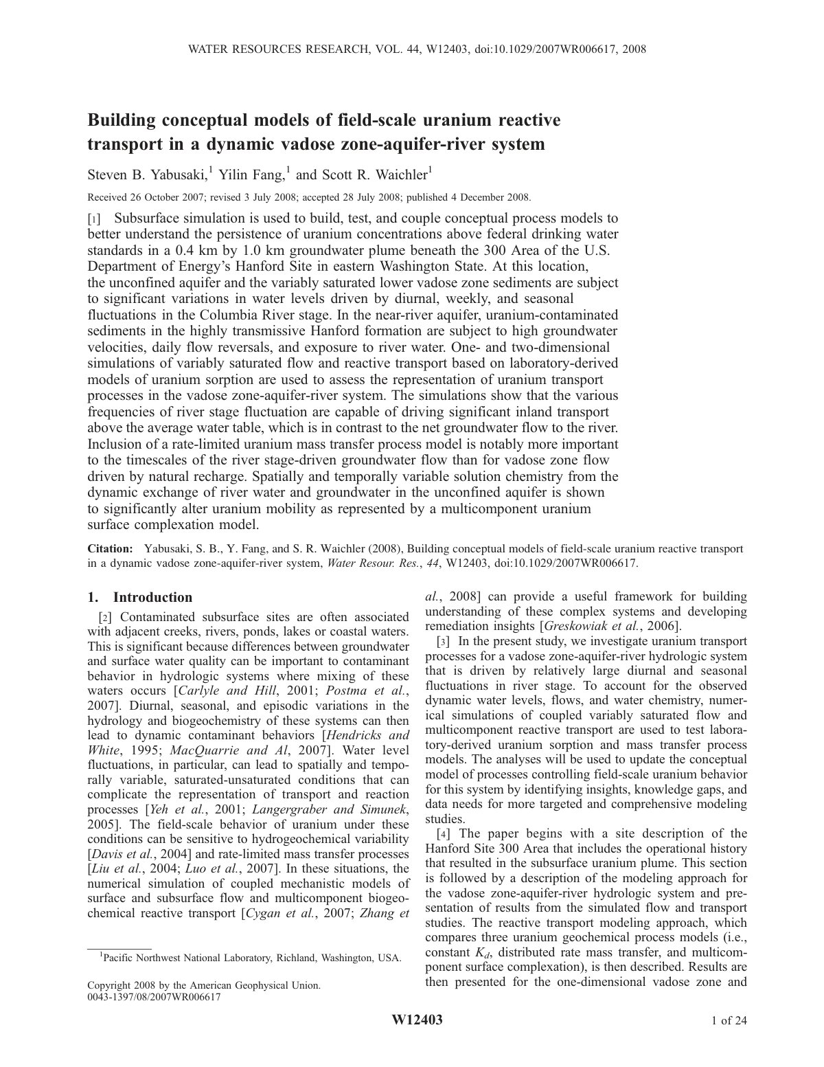 First page of Building conceptual models of field-scale uranium reactive transport in a dynamic vadose zone-aquifer-river system