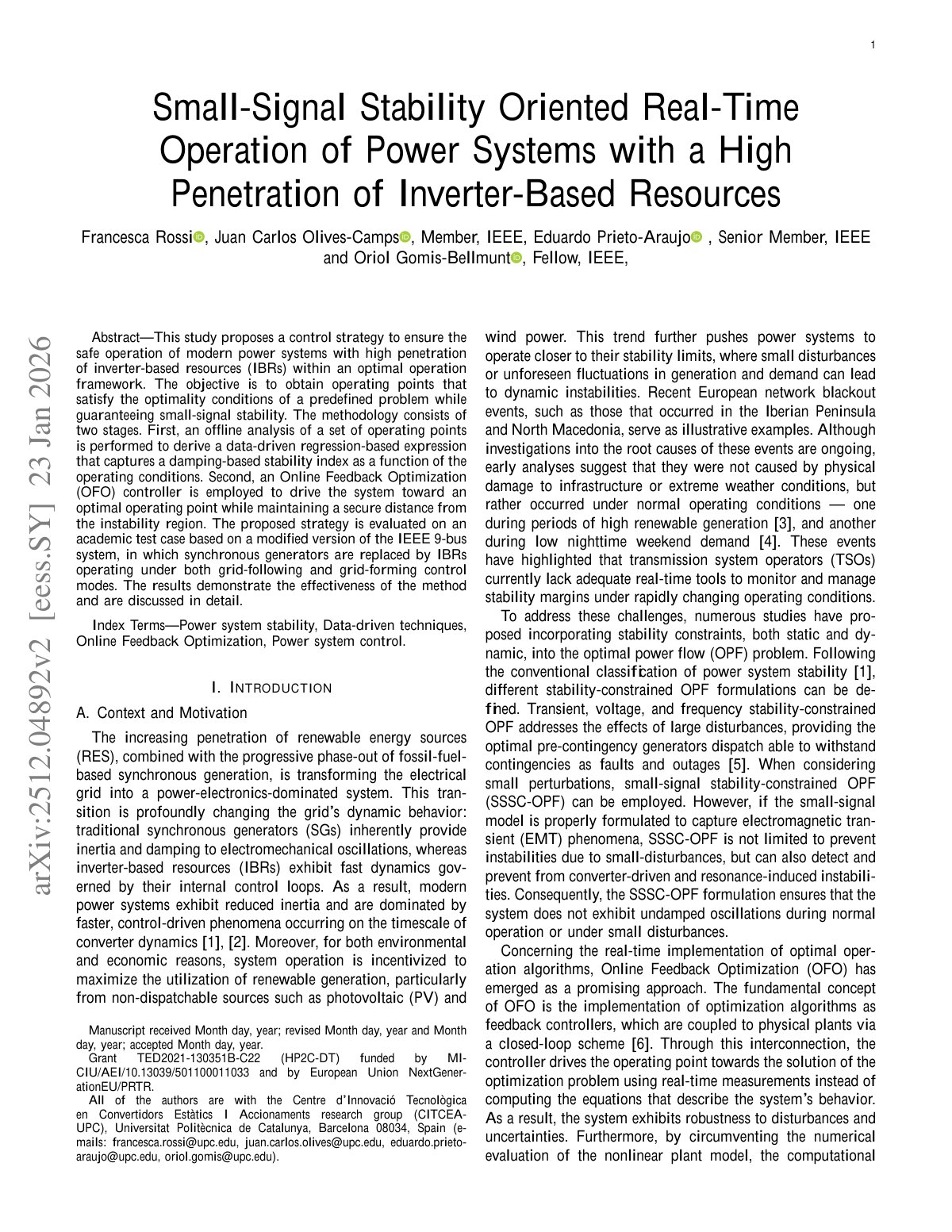 First page of Small-Signal Stability Oriented Real-Time Operation of Power Systems with a High Penetration of Inverter-Based Resources