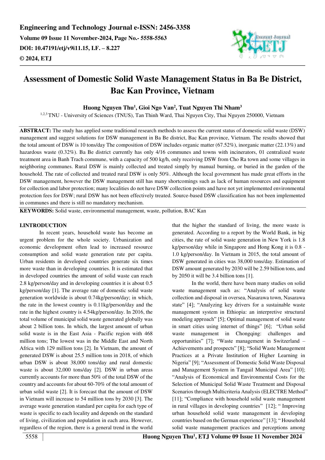 First page of Assessment of Domestic Solid Waste Management Status in Ba Be District, 