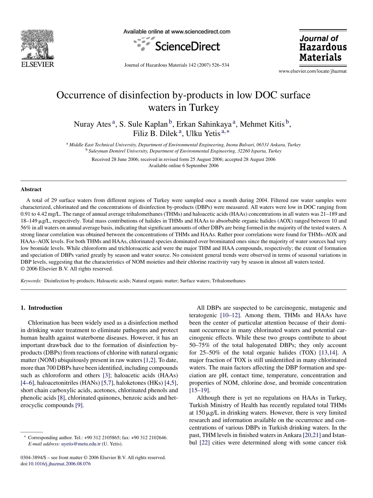 First page of Occurrence of disinfection by-products in low DOC surface waters in Turkey