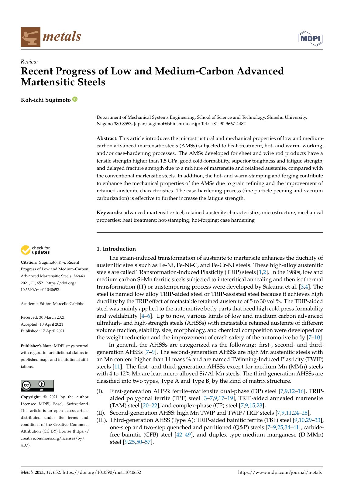 First page of Recent Progress of Low and Medium-Carbon Advanced Martensitic Steels