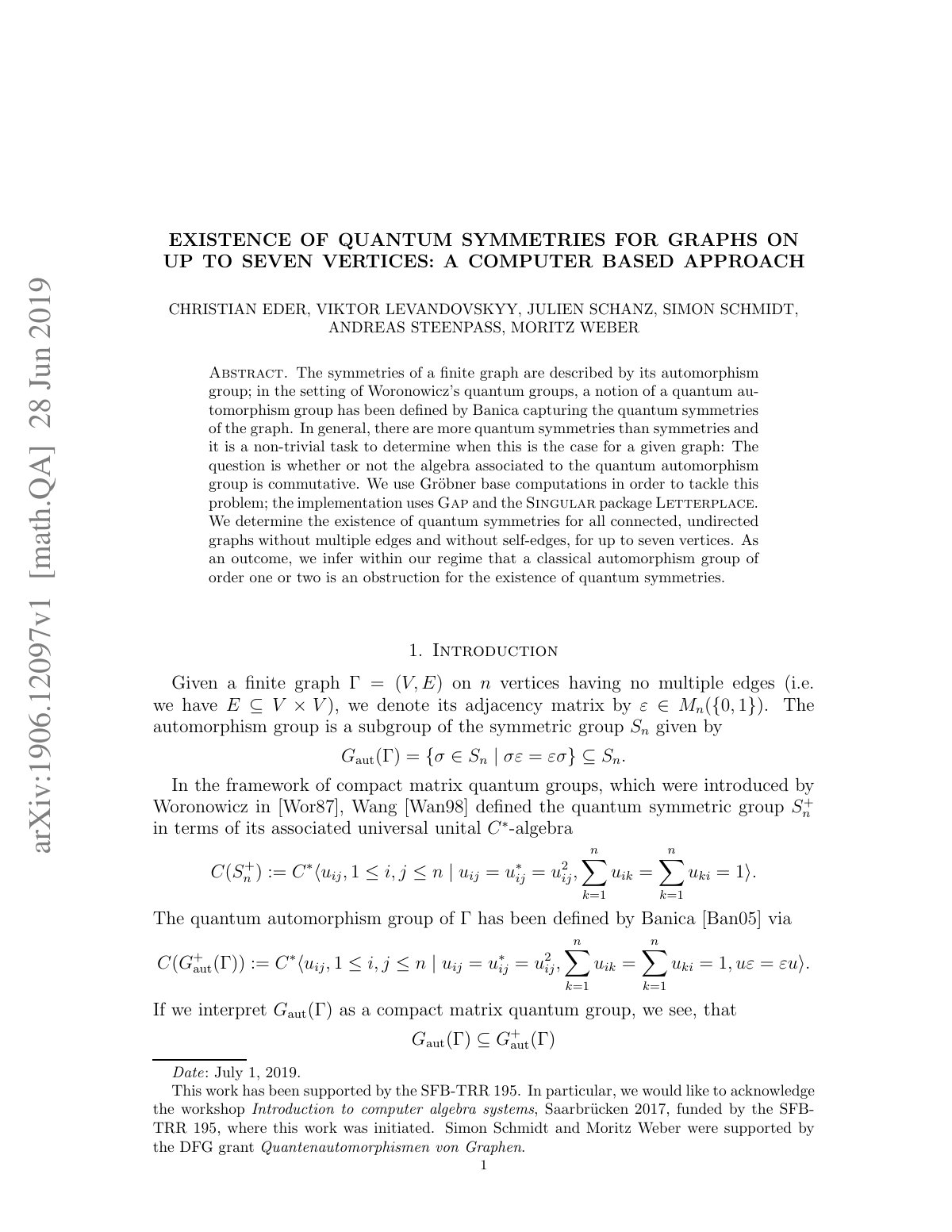 First page of EXISTENCE OF QUANTUM SYMMETRIES FOR GRAPHS ON UP TO SEVEN VERTICES: A COMPUTER BASED APPROACH