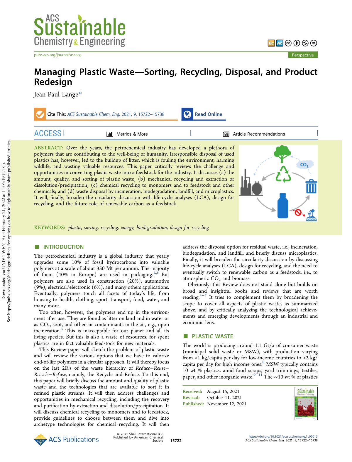 First page of Managing Plastic Waste—Sorting, Recycling, Disposal, and Product Redesign