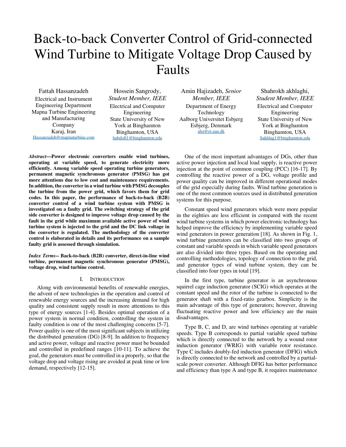 First page of Back-to-back Converter Control of Grid-connected Wind Turbine to Mitigate Voltage Drop Caused by Faults