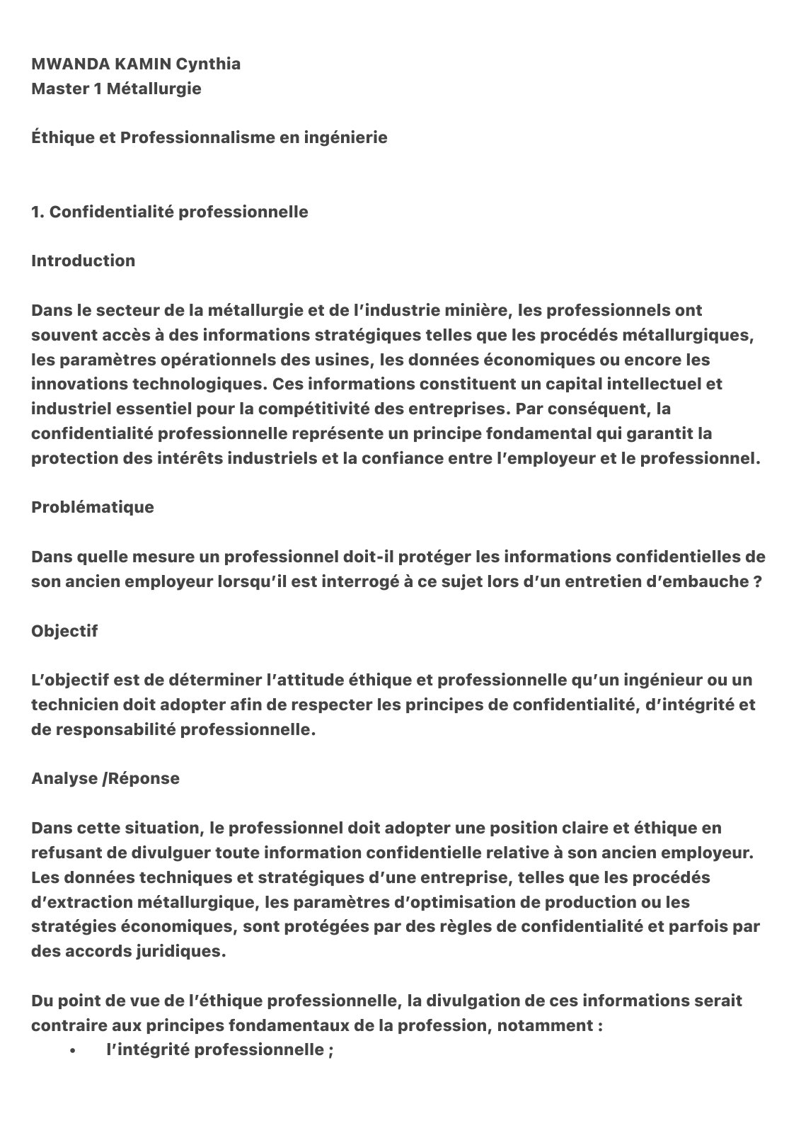 First page of Éthique et Professionnalisme en ingénierie