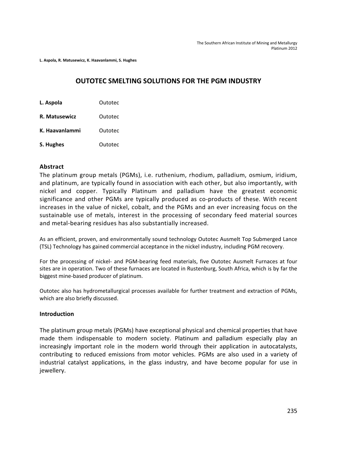 First page of OUTOTEC SMELTING SOLUTIONS FOR THE PGM INDUSTRY
