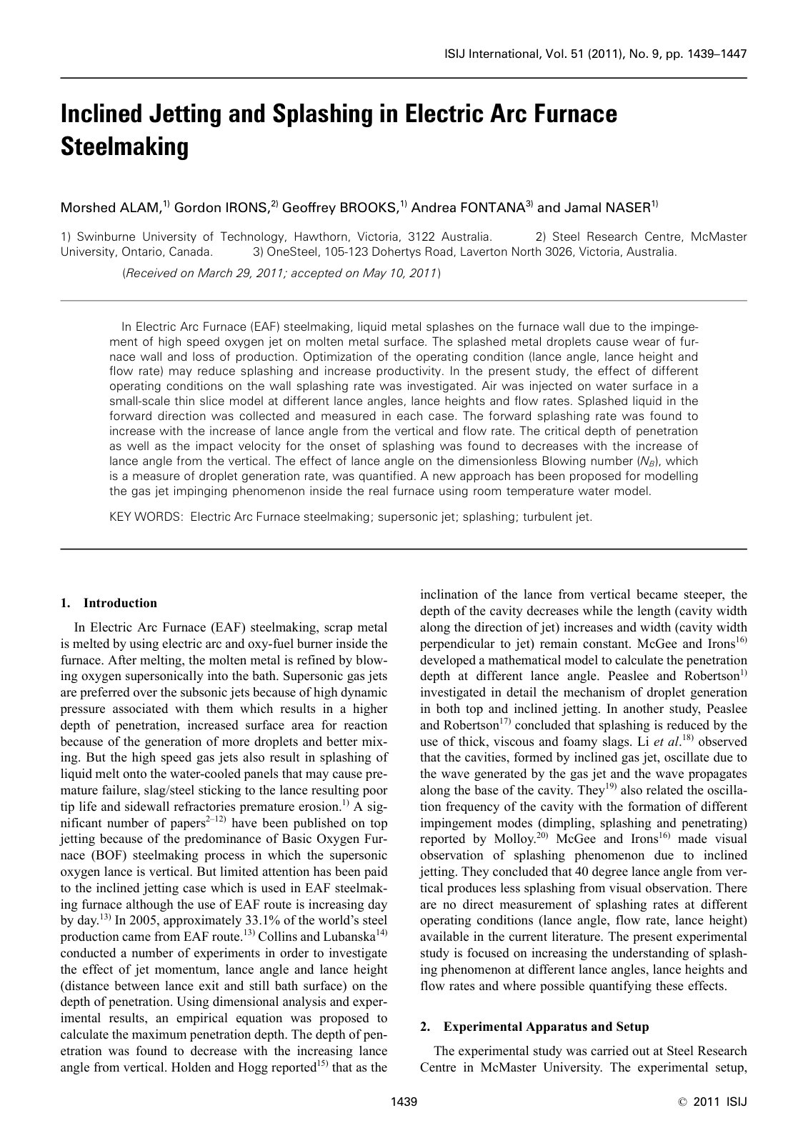 First page of 2011 Morshed Alam Inclined Jetting and Splashing in Electric Arc Furnace Steelmaking isijinternational.51.1439