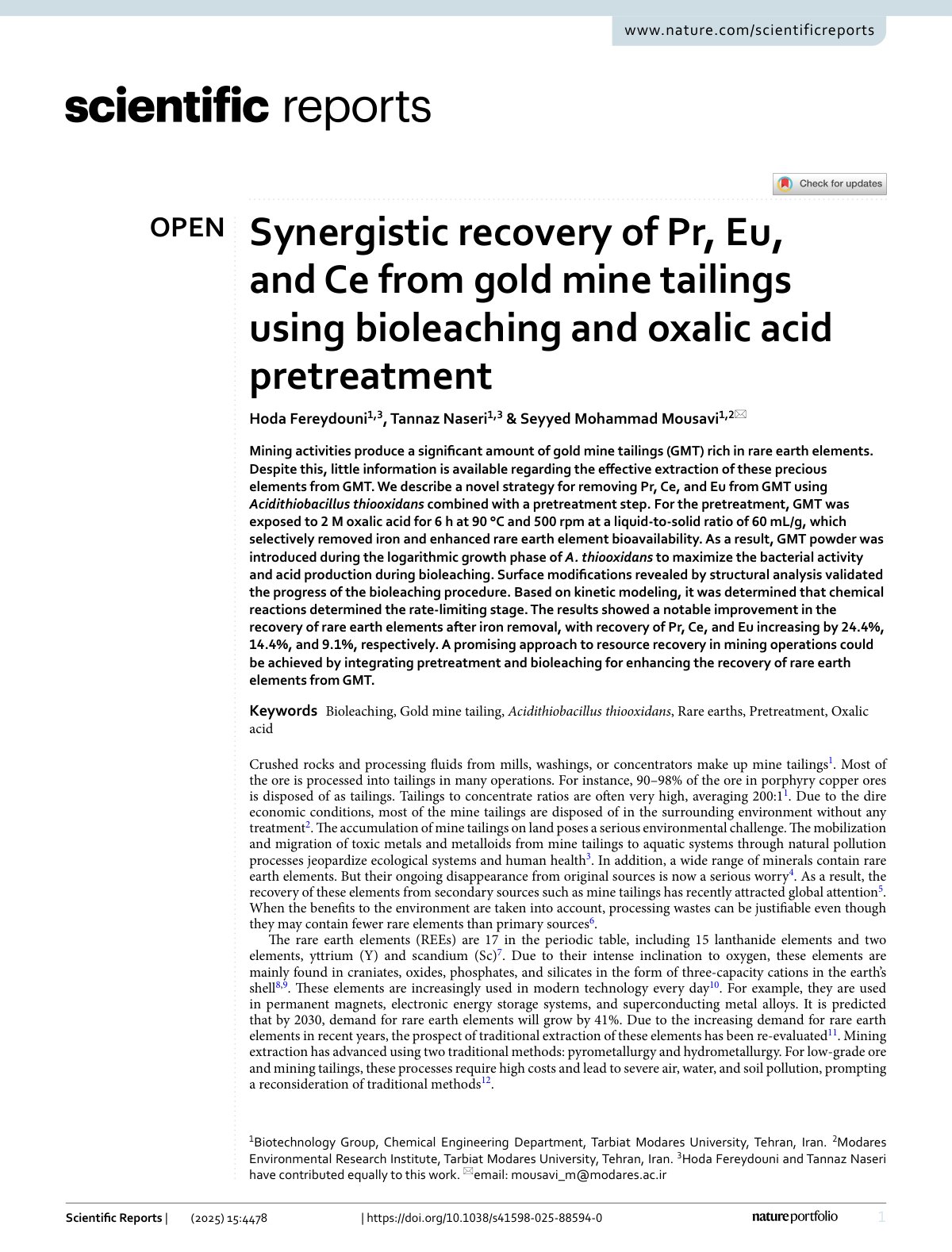 First page of 2025   Fereydouni   Rare earth recovery from gold tailings by bioleaching