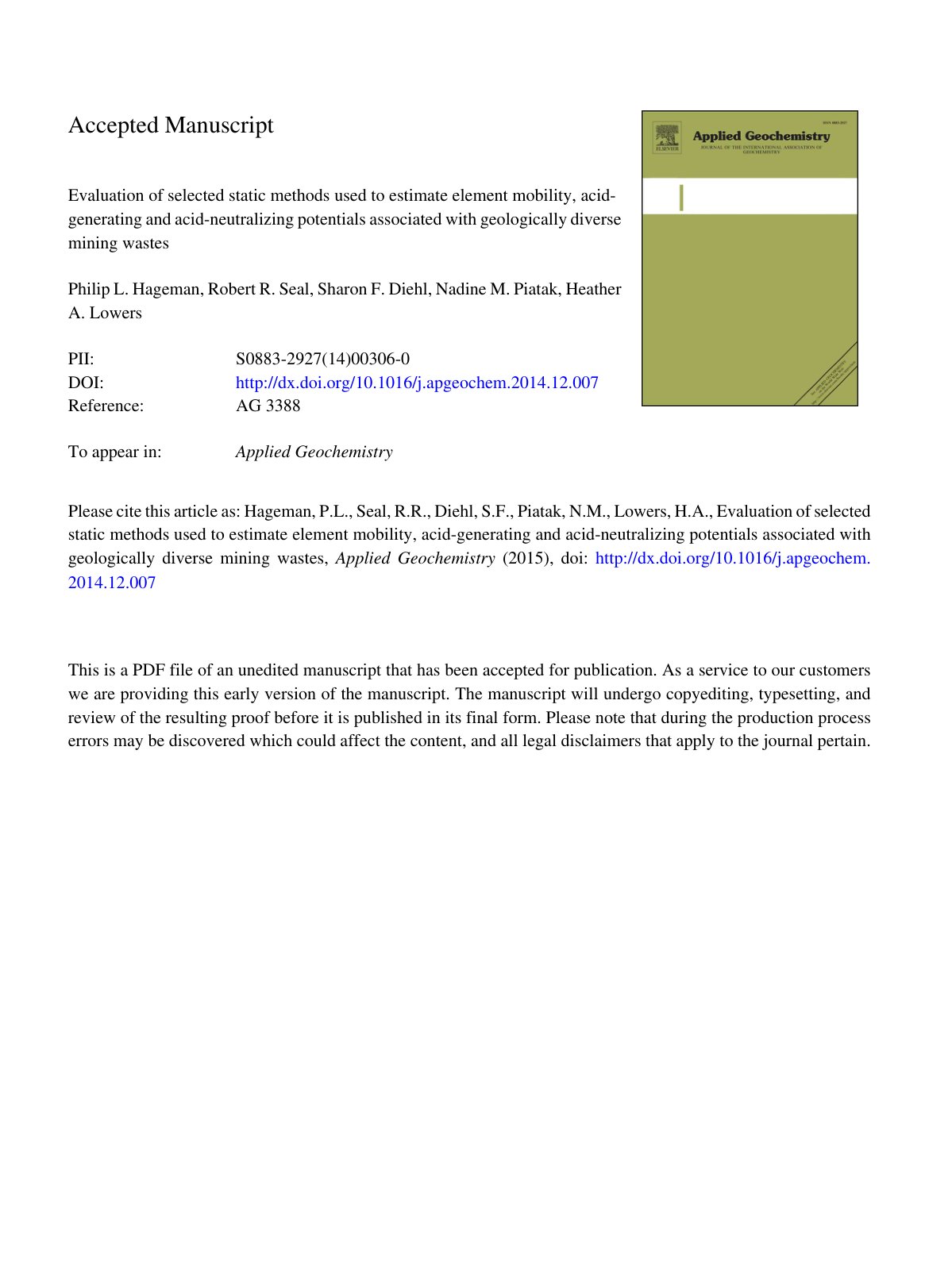 First page of Evaluation of selected static methods used to estimate element mobility, acid-generating and acid-neutralizing potentials associated with geologically diverse mining wastes