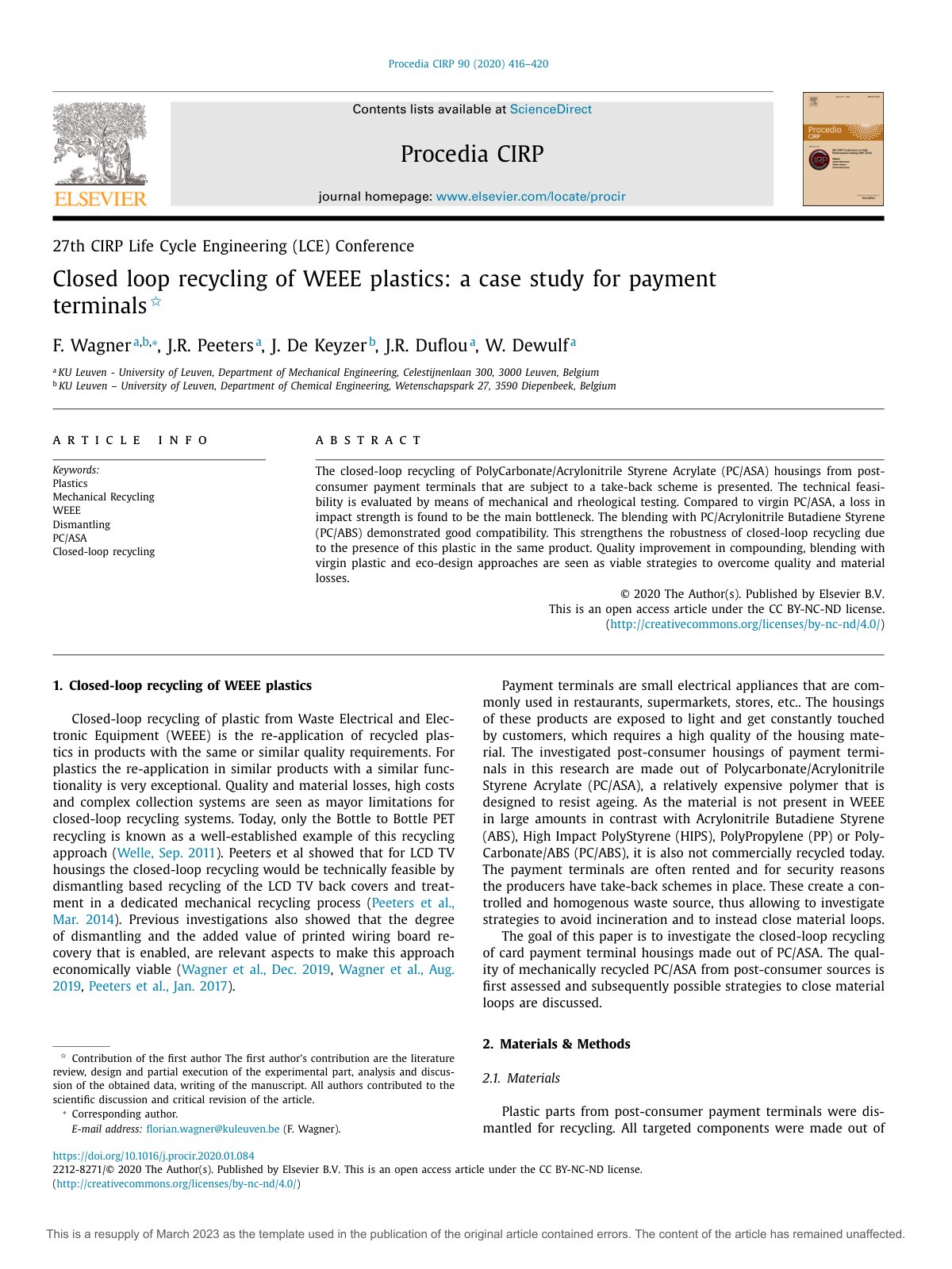 First page of Closed loop recycling of WEEE plastics  a case study for pay 2020 Procedia C