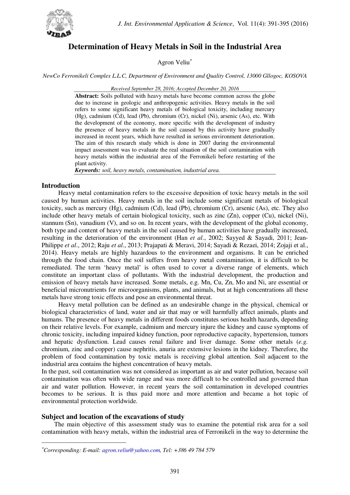 First page of Determination of Heavy Metals in Soil in the Industrial Area