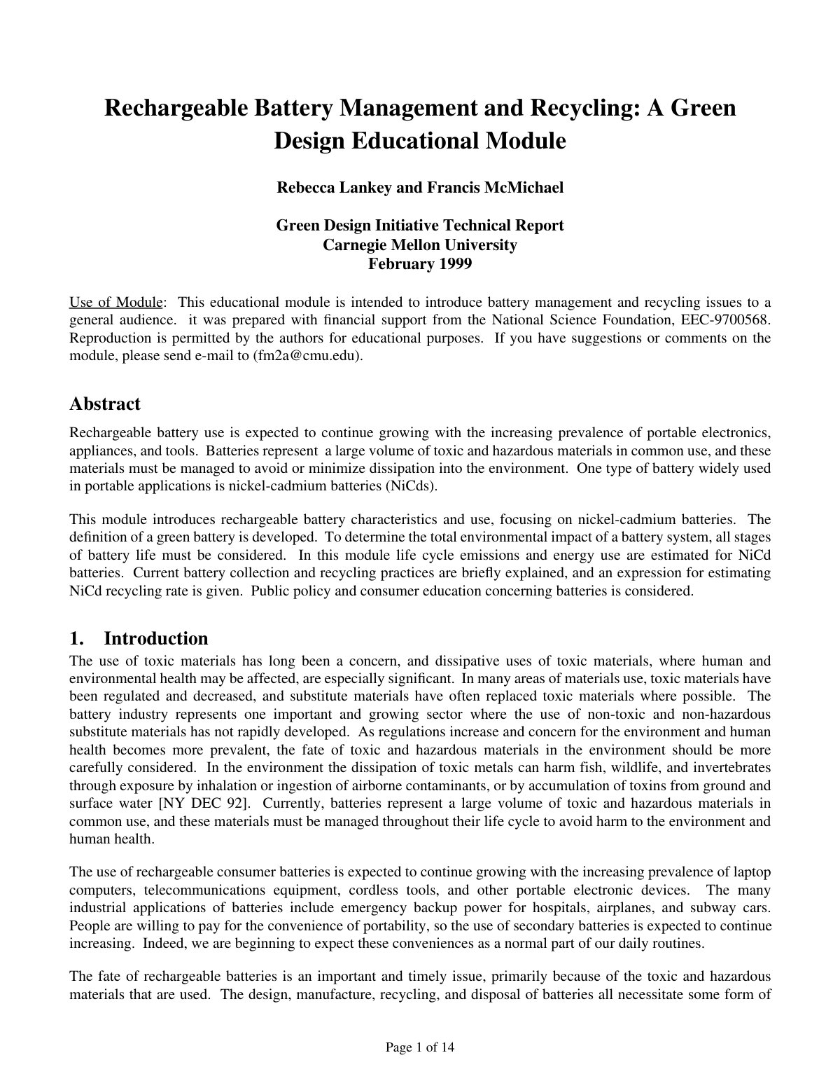 First page of Rechargeable Battery Management and Recycling: A Green Design Educational Module