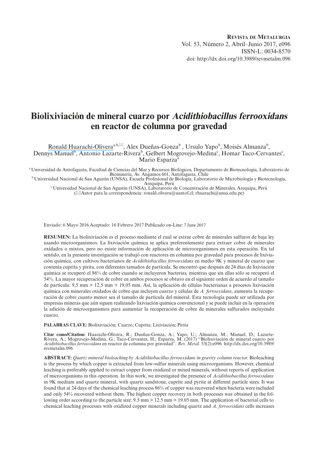 First page of Biolixiviacion de mineral cuarzo por Aci