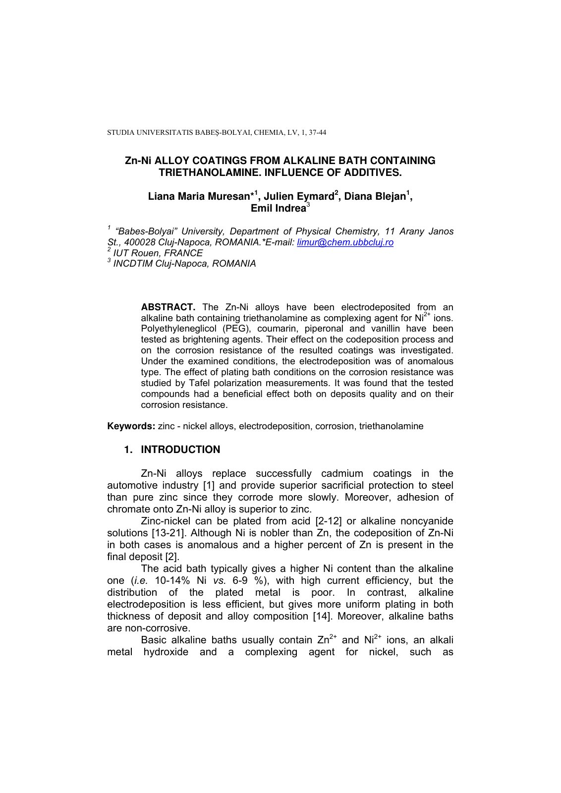 First page of Zn-Ni ALLOY COATINGS FROM ALKALINE BATH CONTAINING TRIETHANOLAMINE. INFLUENCE OF ADDITIVES.