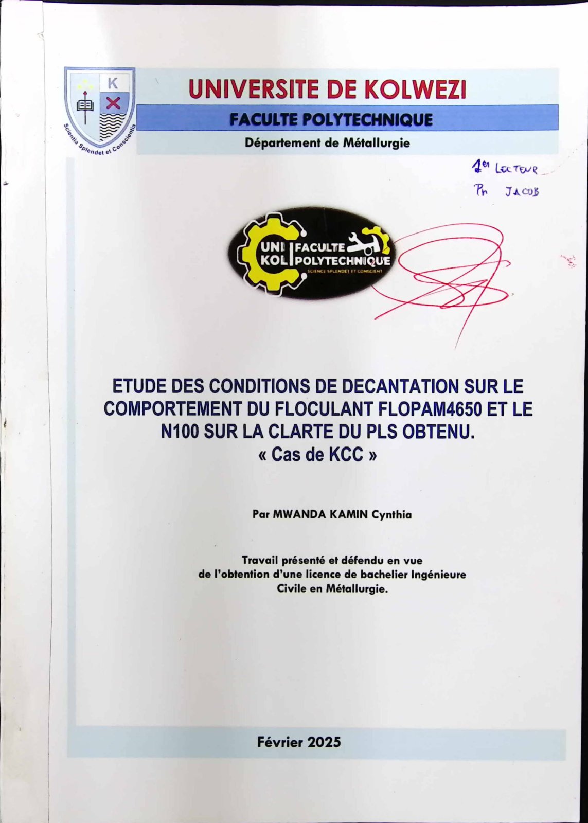 First page of ETUDE DES CONDITIONS DE DECANTATION SUR LE COMPORTEMENT DU FLOCULANT FLOPAM4650 ET LE N100 SUR LA CLARTE DU PLS OBTENU. « Cas de KCC »