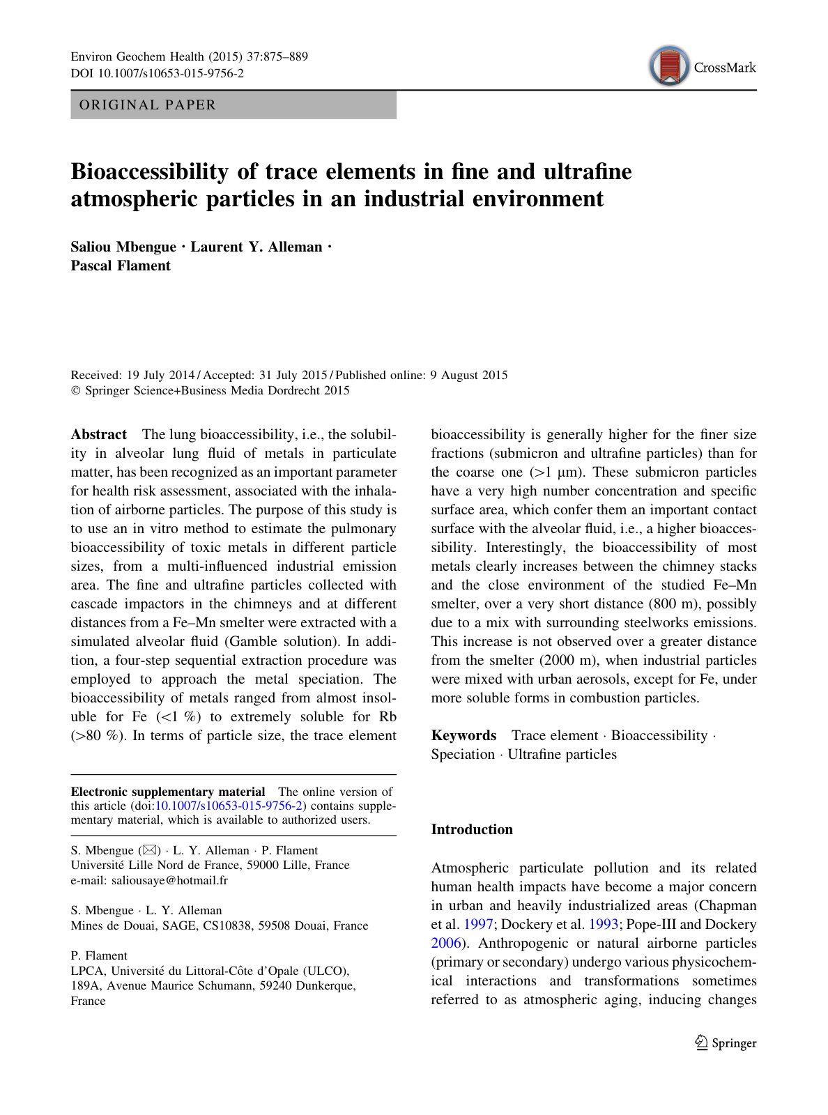 First page of Bioaccessibility of trace elements in ﬁne and ultraﬁne atmospheric particles in an industrial environment