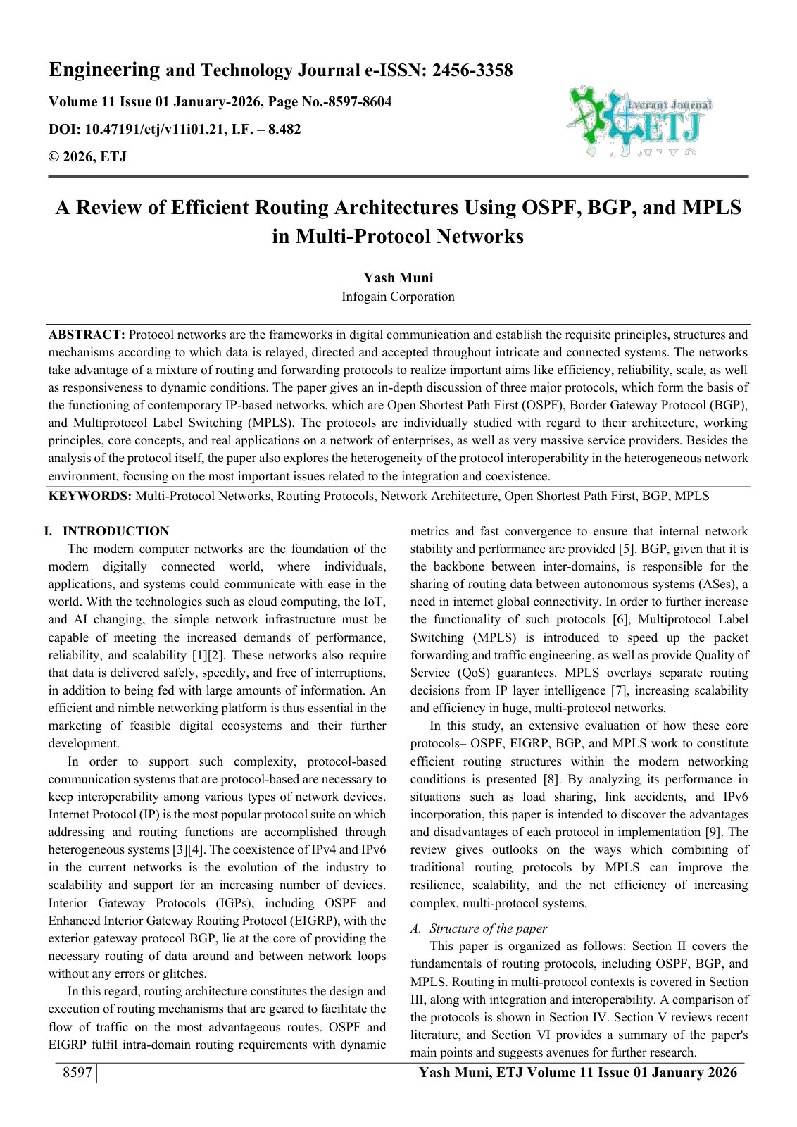 First page of A Review of Efficient Routing Architectures Using OSPF, BGP, and MPLS  in Multi-Protocol Networks  