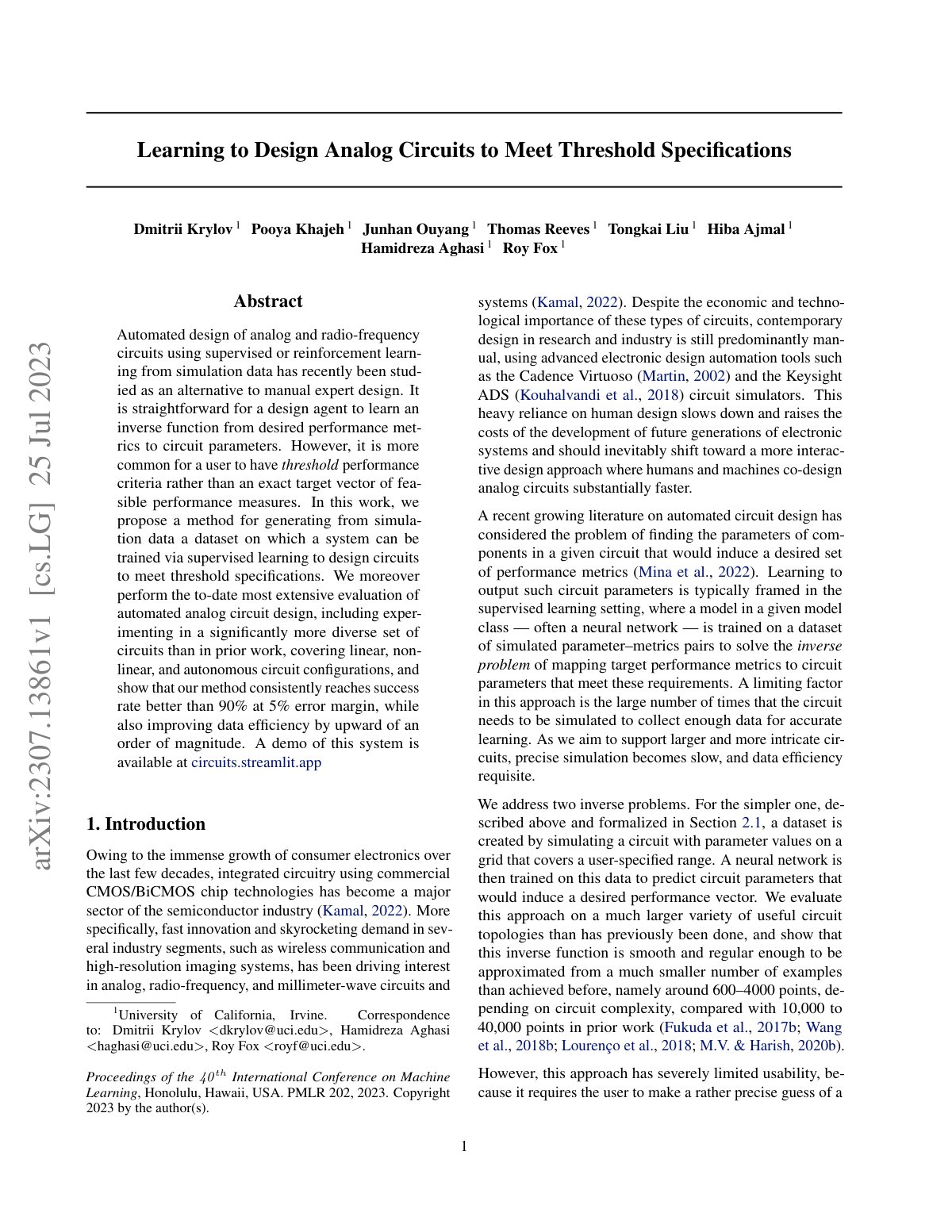 First page of Learning to Design Analog Circuits to Meet Threshold Specifications