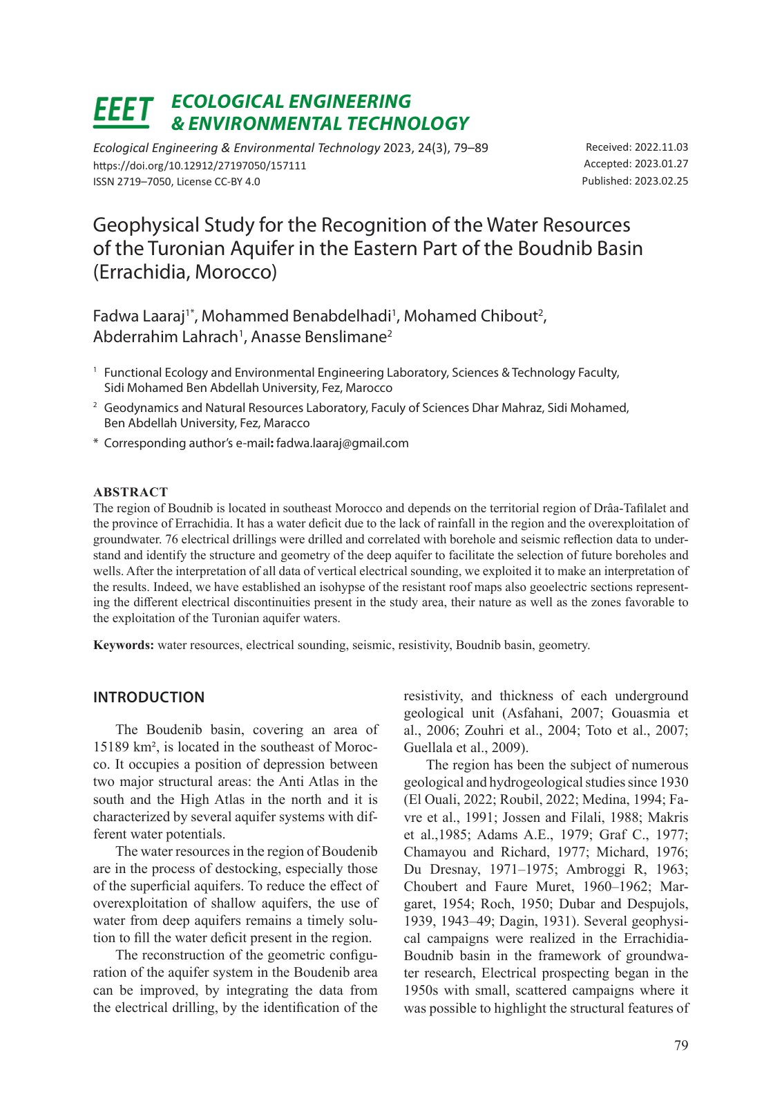 First page of Geophysical Study for the Recognition of the Water Resources of the Turonian Aquifer in the Eastern Part of the Boudnib Basin (Errachidia, Morocco)