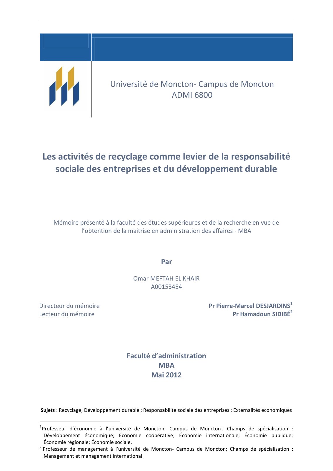 First page of Les activites de recyclage comme levier