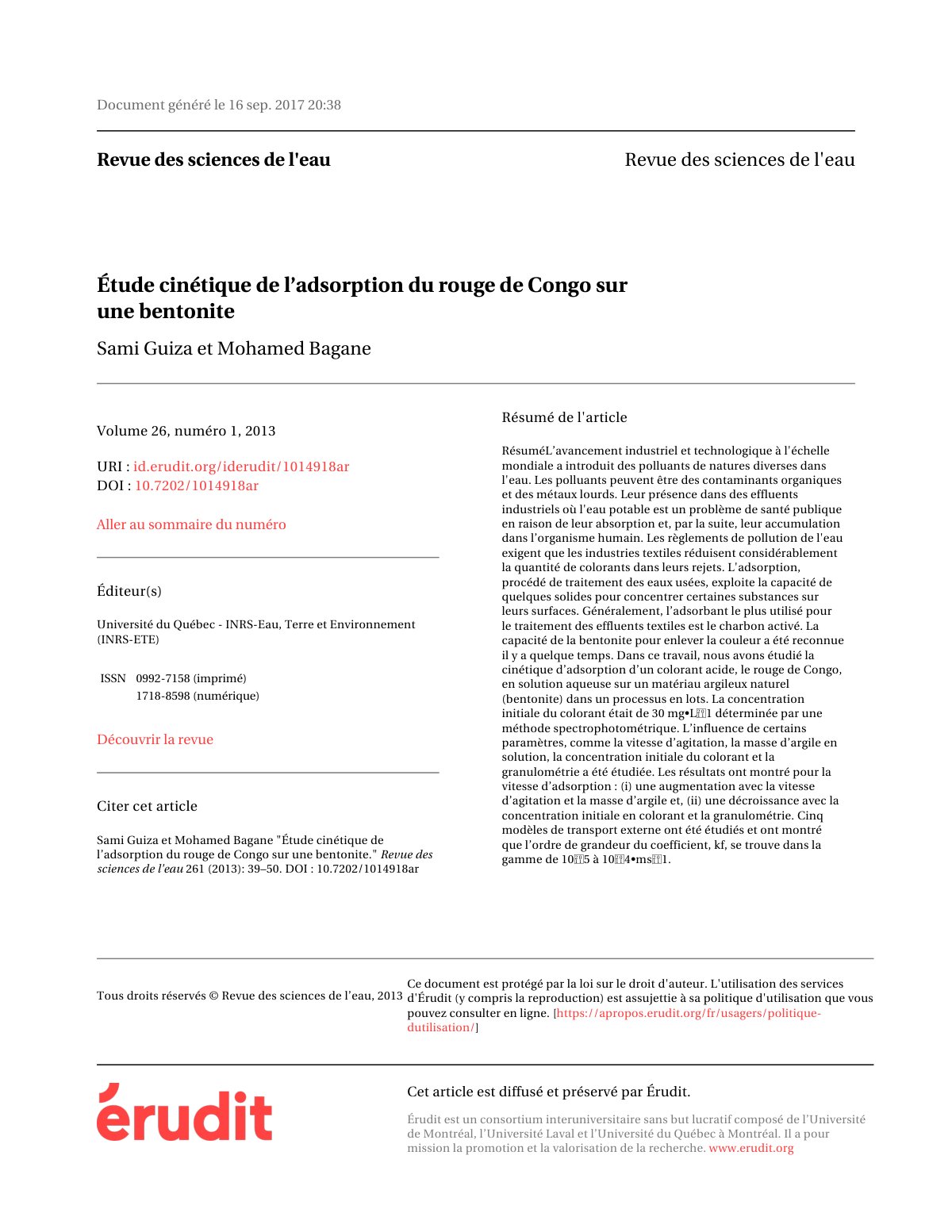 First page of Etude cinetique de l adsorption du rouge