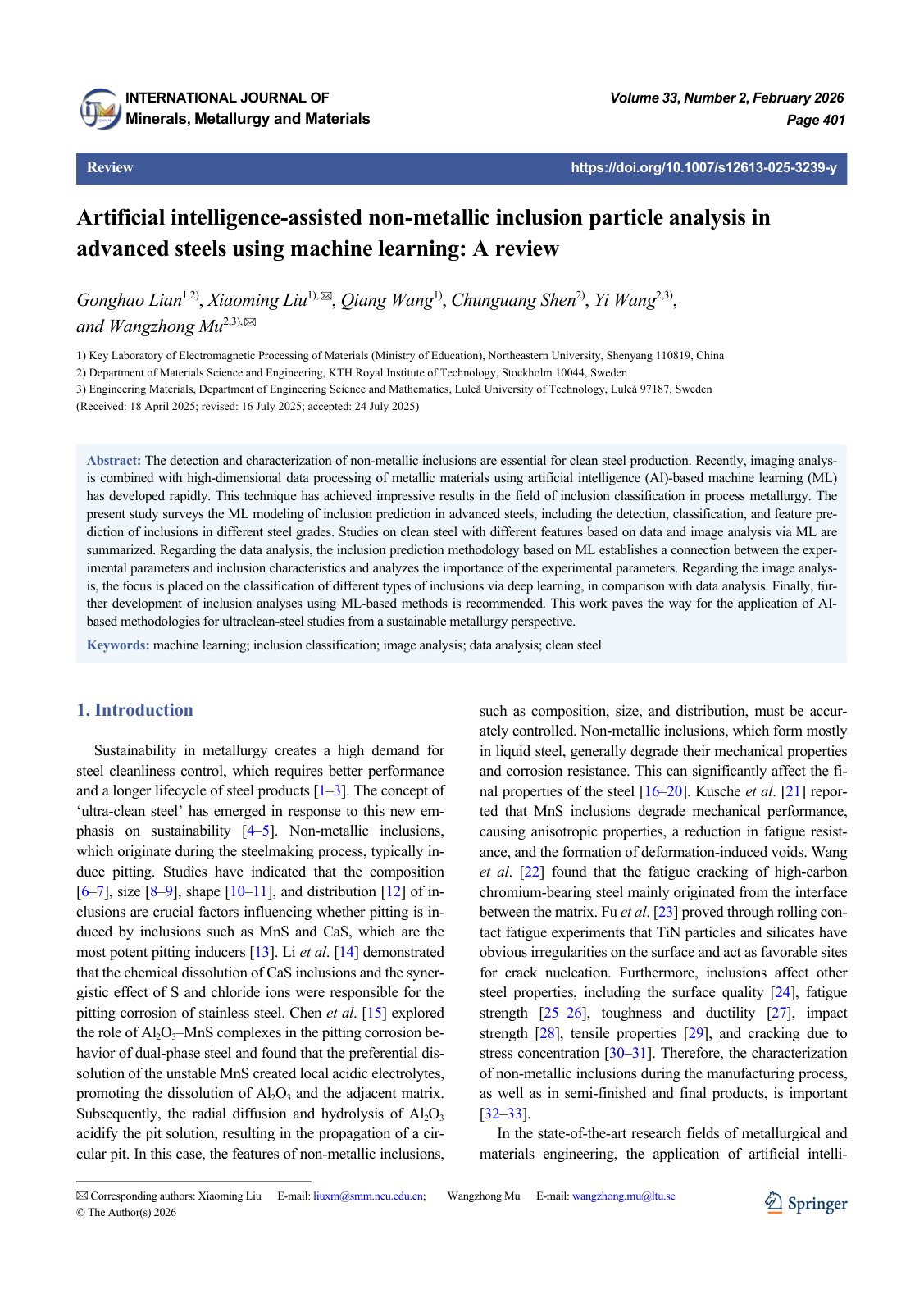 First page of 2026 Lian AI Nonmetallic Inclusion Analysis Review