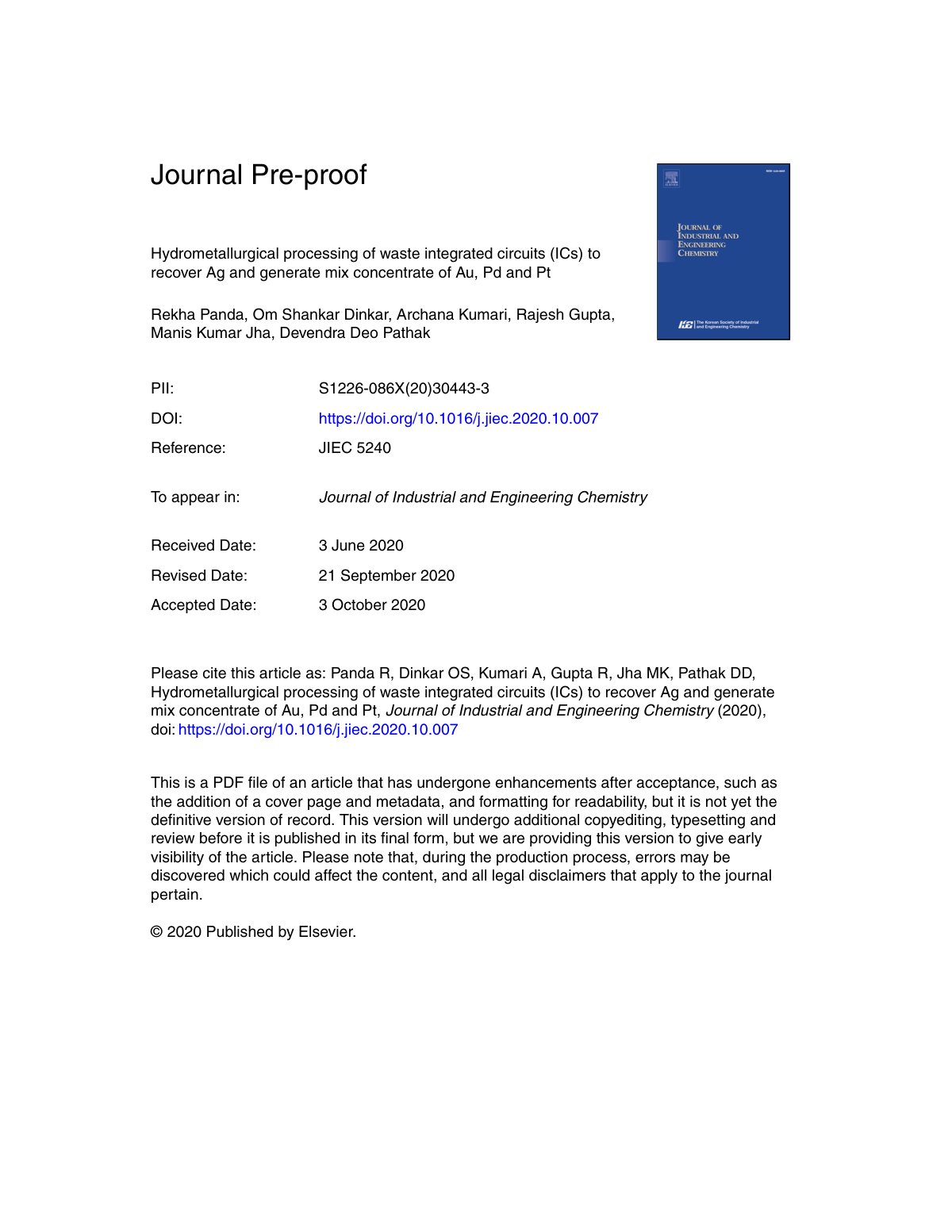 First page of Hydrometallurgical processing of waste i