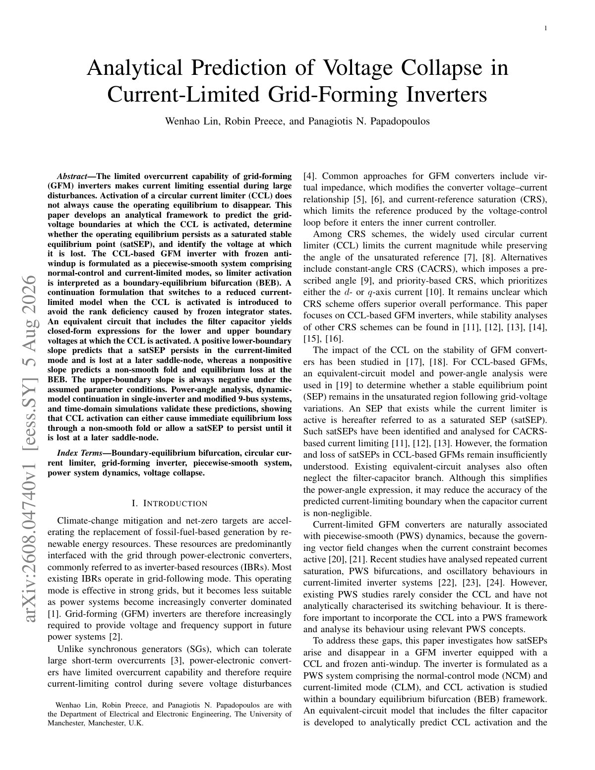 First page of 2026 Lin Analytical Voltage Collapse Grid Forming Inverters