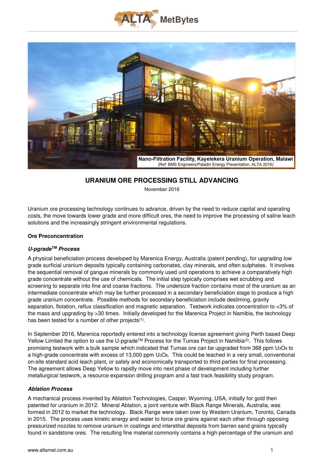 First page of ALTA MetBytes Uranium Ore Processing Still Advancing