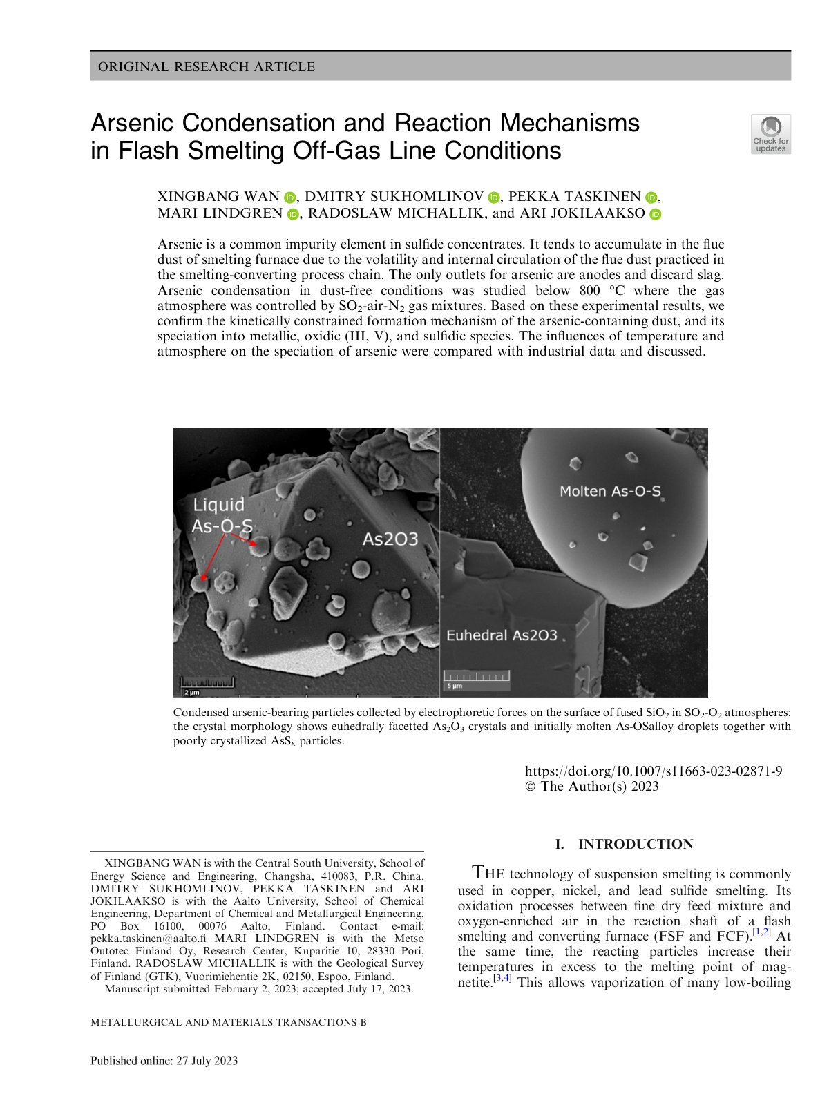 First page of Arsenic Condensation and Reaction Mechan