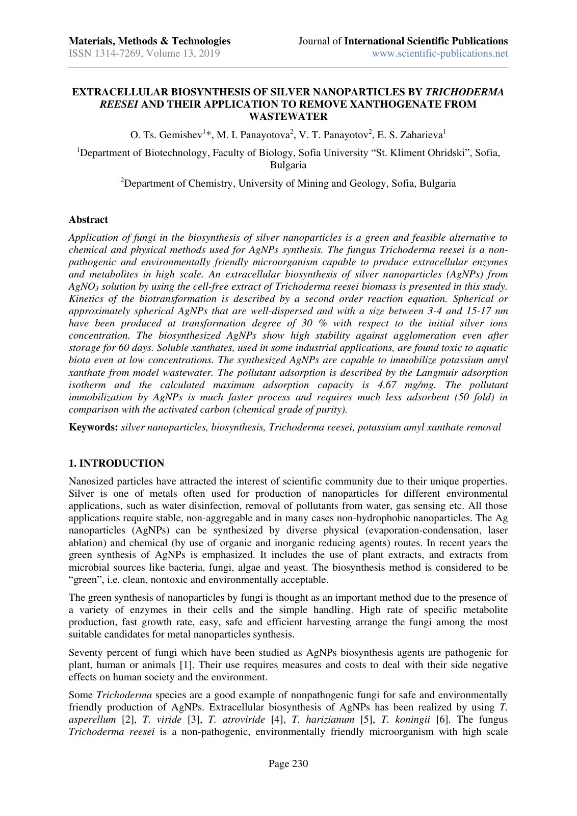First page of Extracellular Biosynthesis of Silver Nan