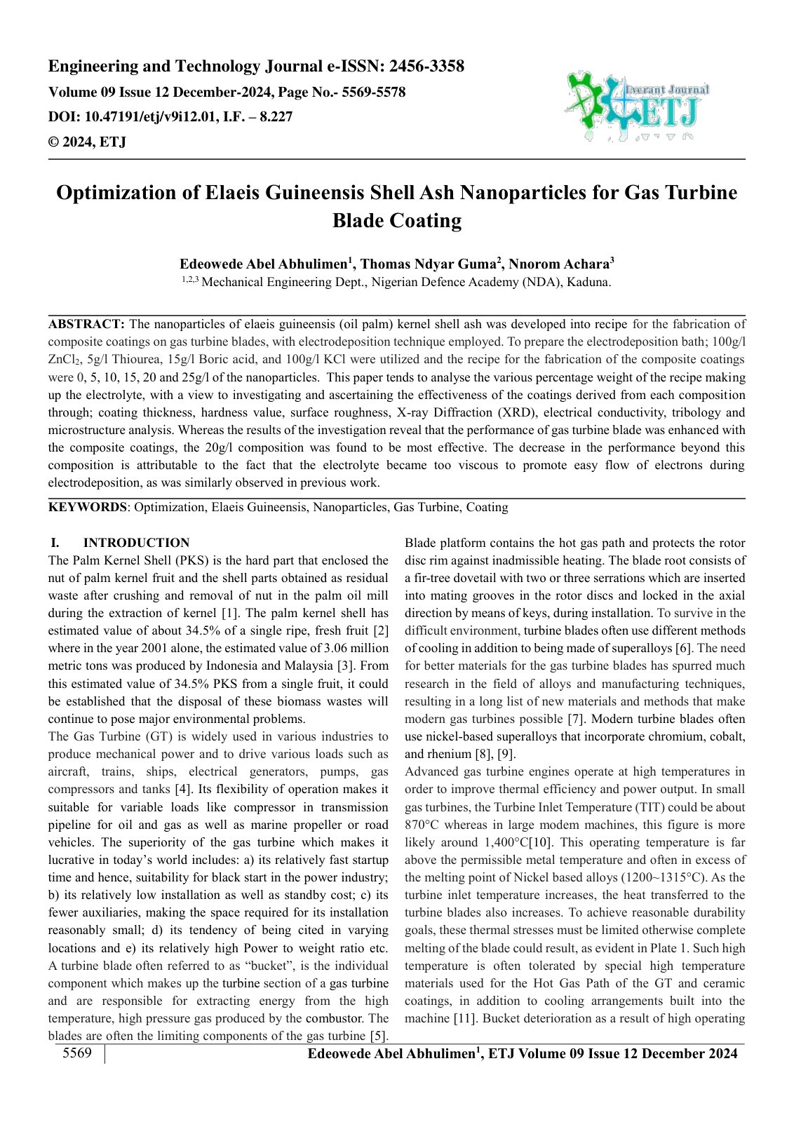 First page of Optimization of Elaeis Guineensis Shell Ash Nanoparticles for Gas Turbine  Blade Coating  