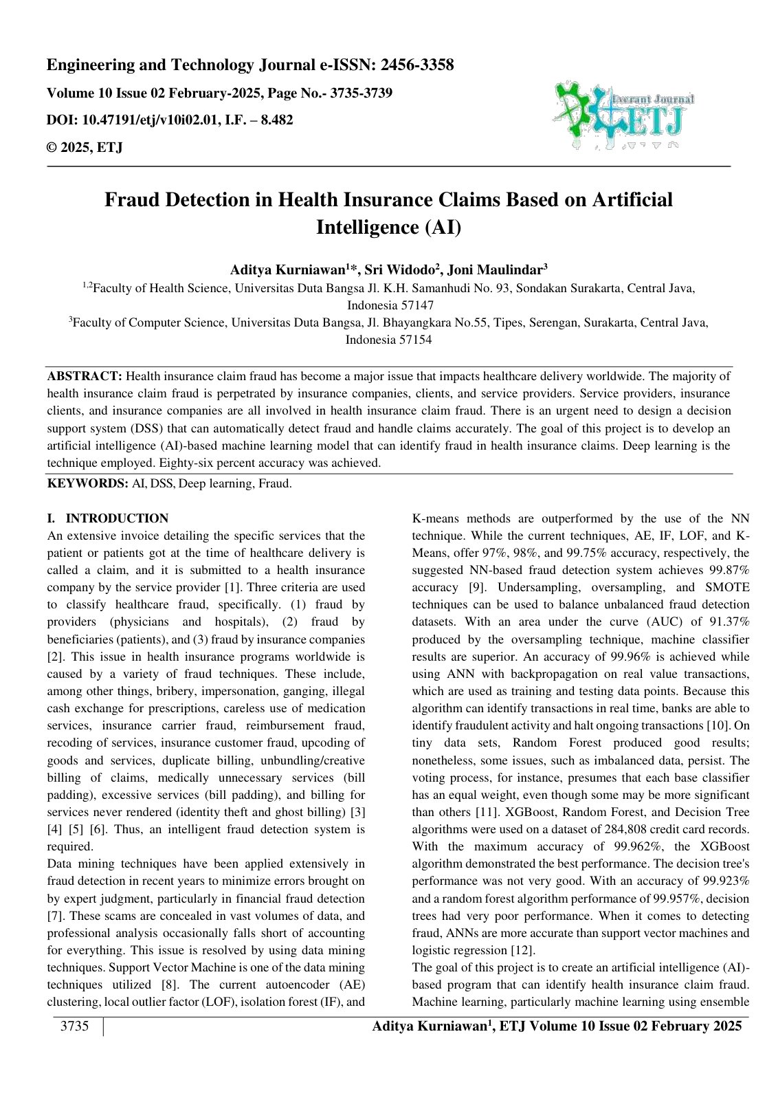 First page of Fraud Detection in Health Insurance Claims Based on Artificial  Intelligence (AI)  