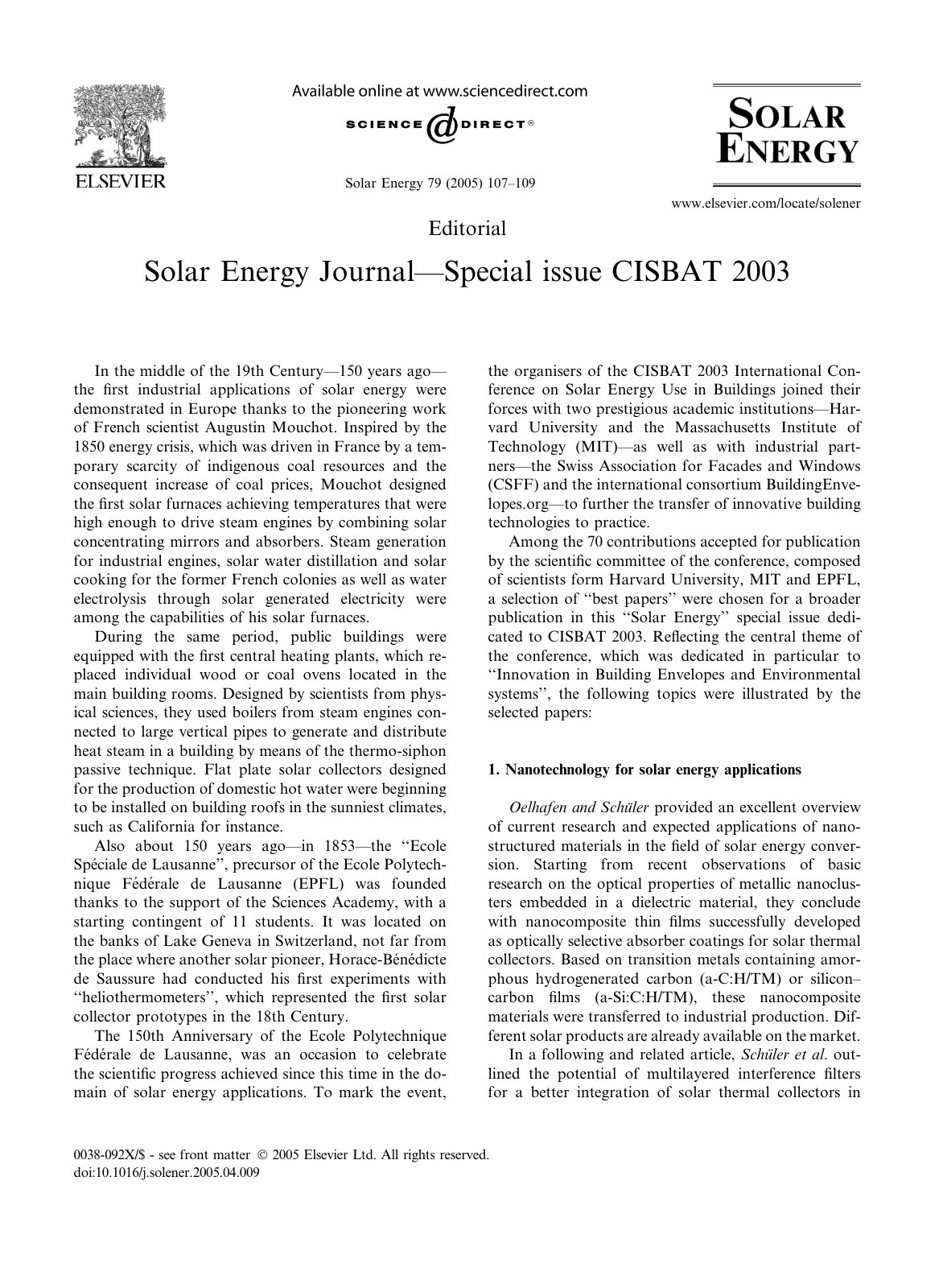First page of Solar Energy Journal—Special issue CISBAT 2003