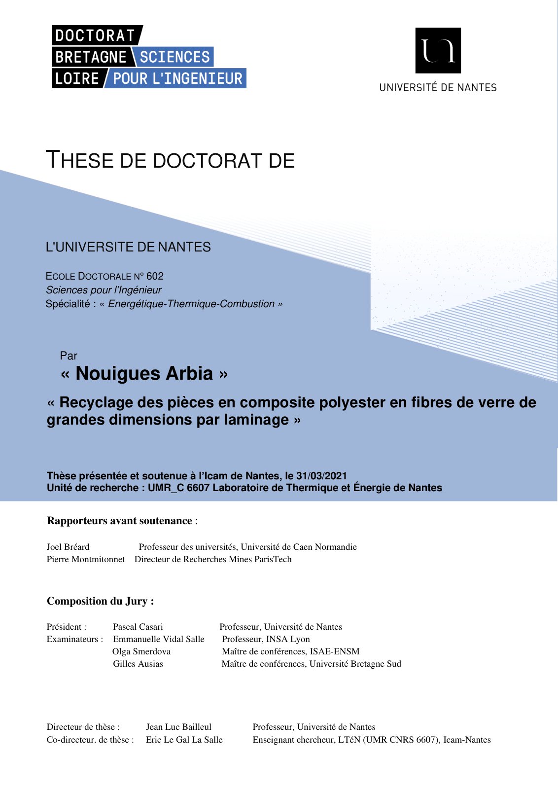 First page of Recyclage des pièces en composite polyester en fibres de verre de grandes dimensions par laminage